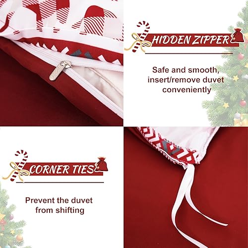Miniatura 5 de Luxudecor Juego de funda de edredón de Navidad, tamaño Queen, 3 piezas, funda de edredón de Yuletide roja, árbol de Navidad, patrón de invierno,