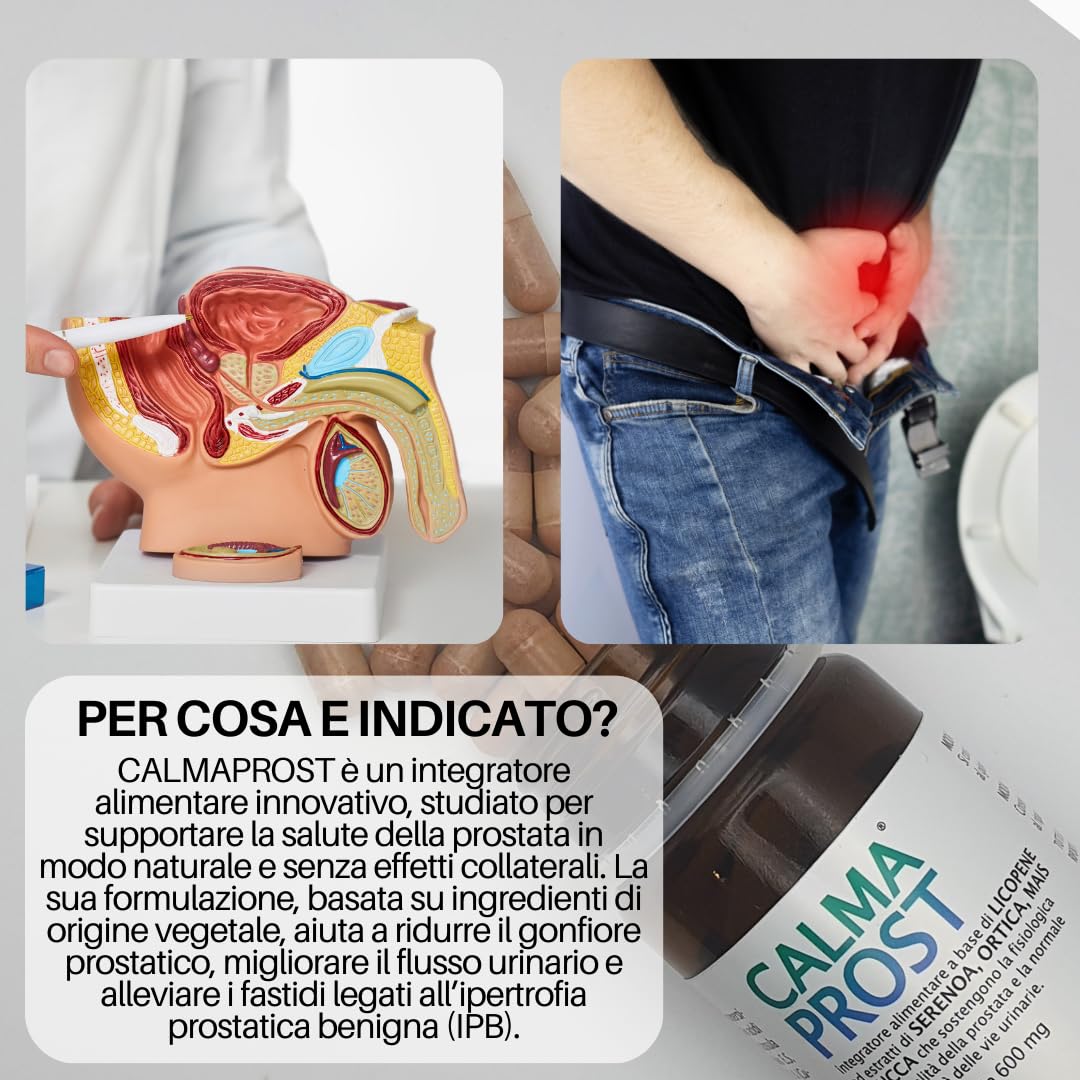 CALMAPROST – Integratore Naturale per Benessere della Prostata e Funzionalità Urinaria, 30 Capsule con Serenoa Repens, Licopene, Zinco e Selenio