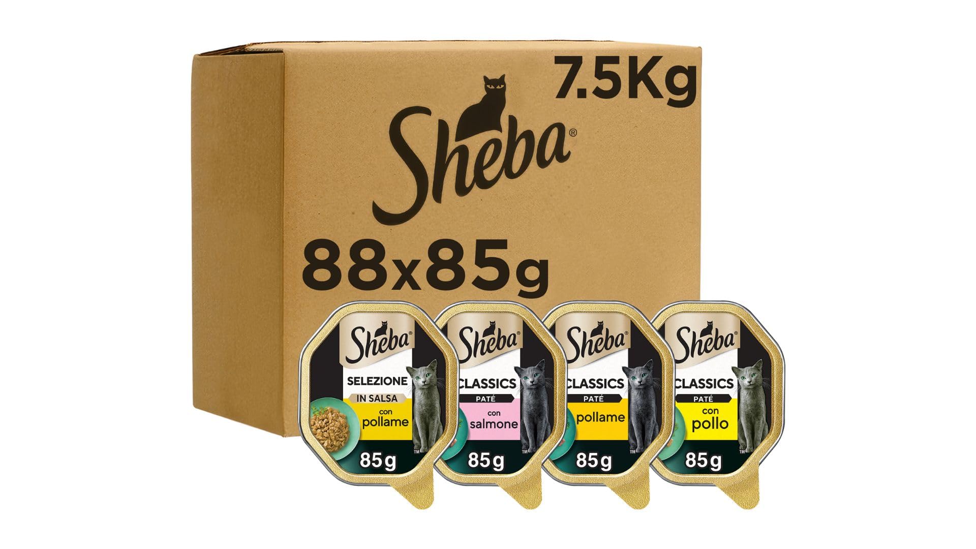 Sheba Selezione Assortita Mix di Vaschette al Gusto di Salmone, Pollo e Pollame, Cibo Umido per Gatti Adulti, 88 Vaschette Miste da 85 g