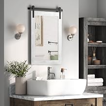 COGOOD Farmhouse Barn Door Mirror - 24" X 16" Rustic Wood Framed Wall Mirror for Bathroom, Living Room, Entryway Wall Decorative White