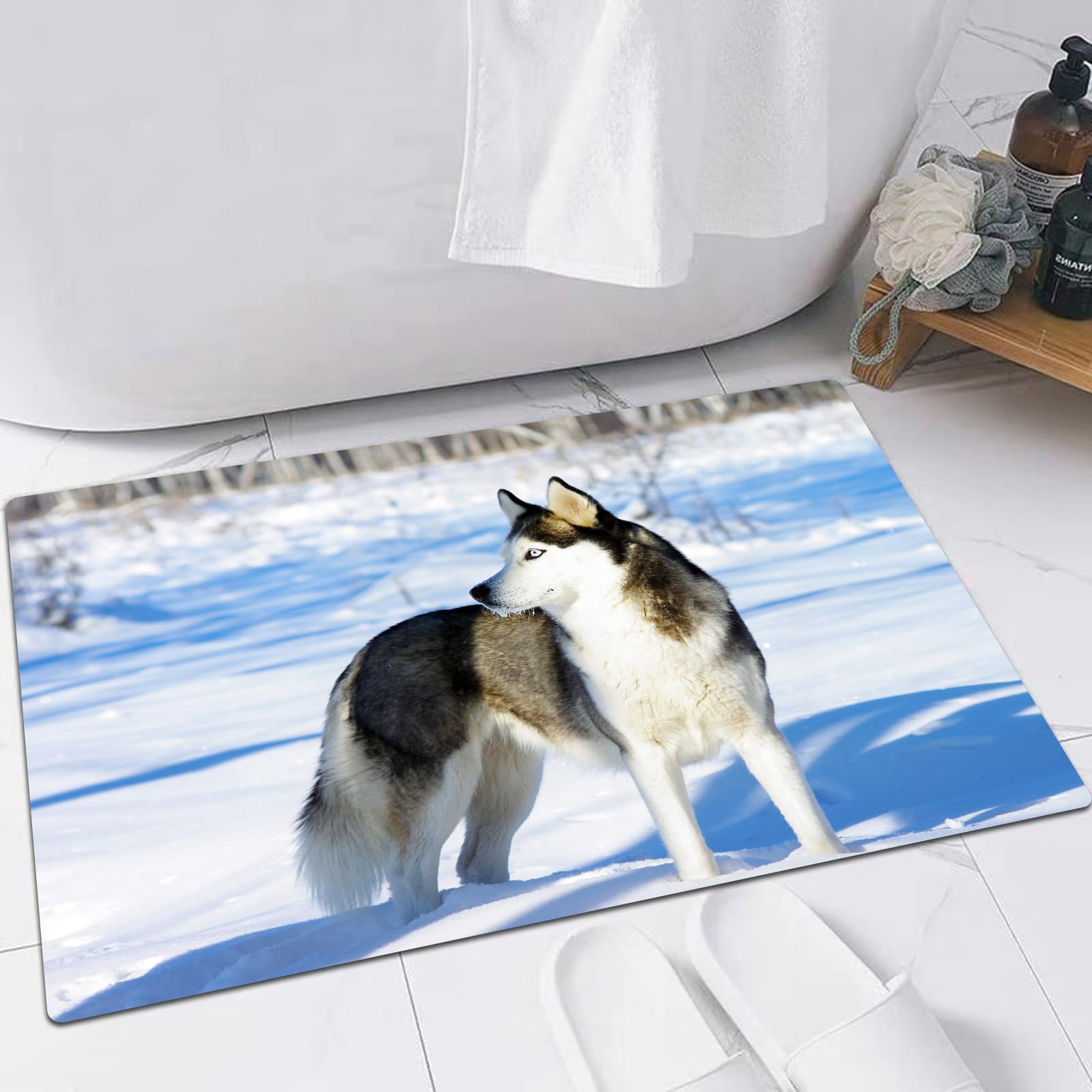 EMFSLA Bath Mat 16x24 in,Alaskan Malamute, Chukchi Husky Breed Dog on Snow,Non-Slip Bathroom Mat Machine-Washable,Ultra Soft and Water Absorbent Bath Rug for Bathroom