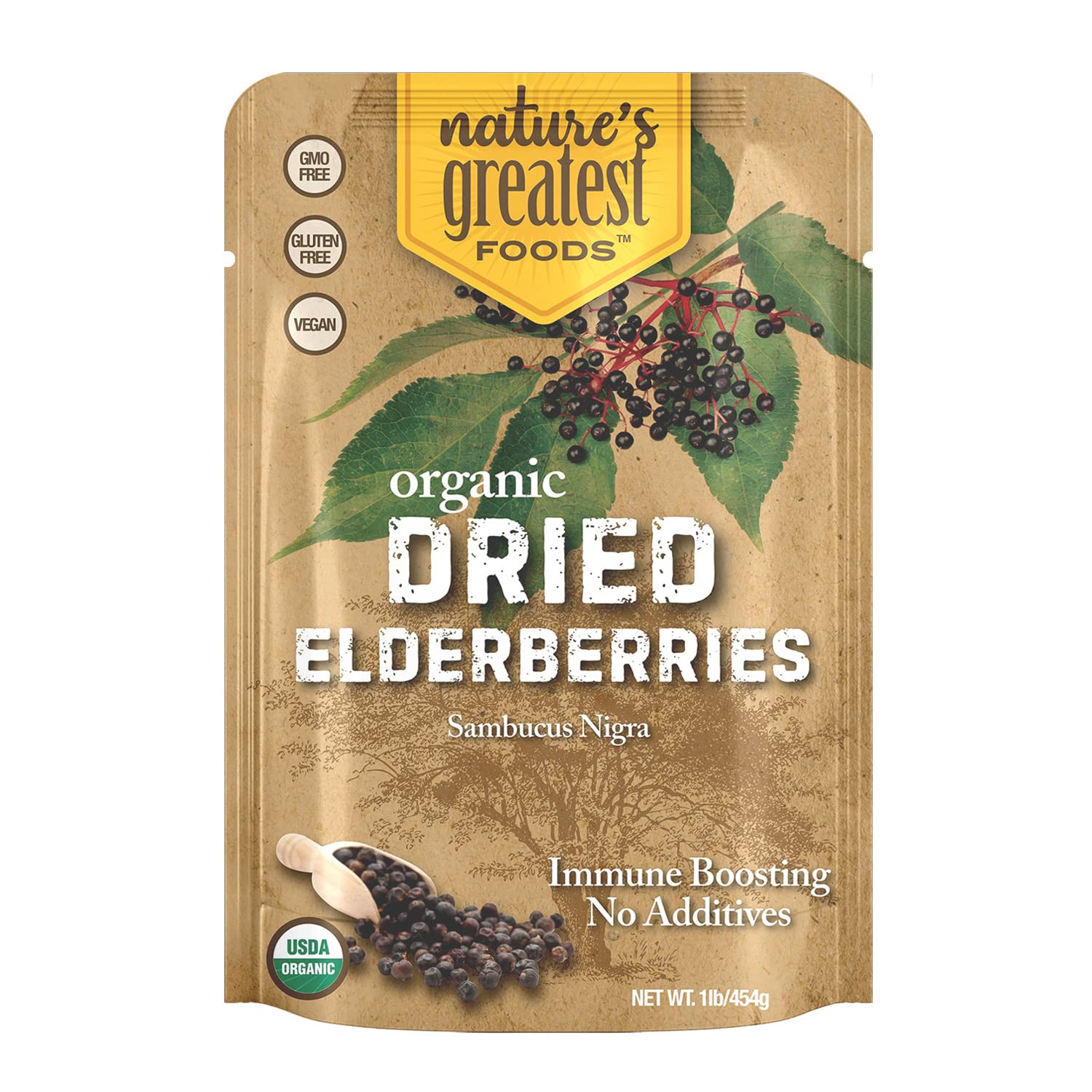 Nature's Greatest Foods Organic Dried Elderberries, Non-GMO, 1lb Bag