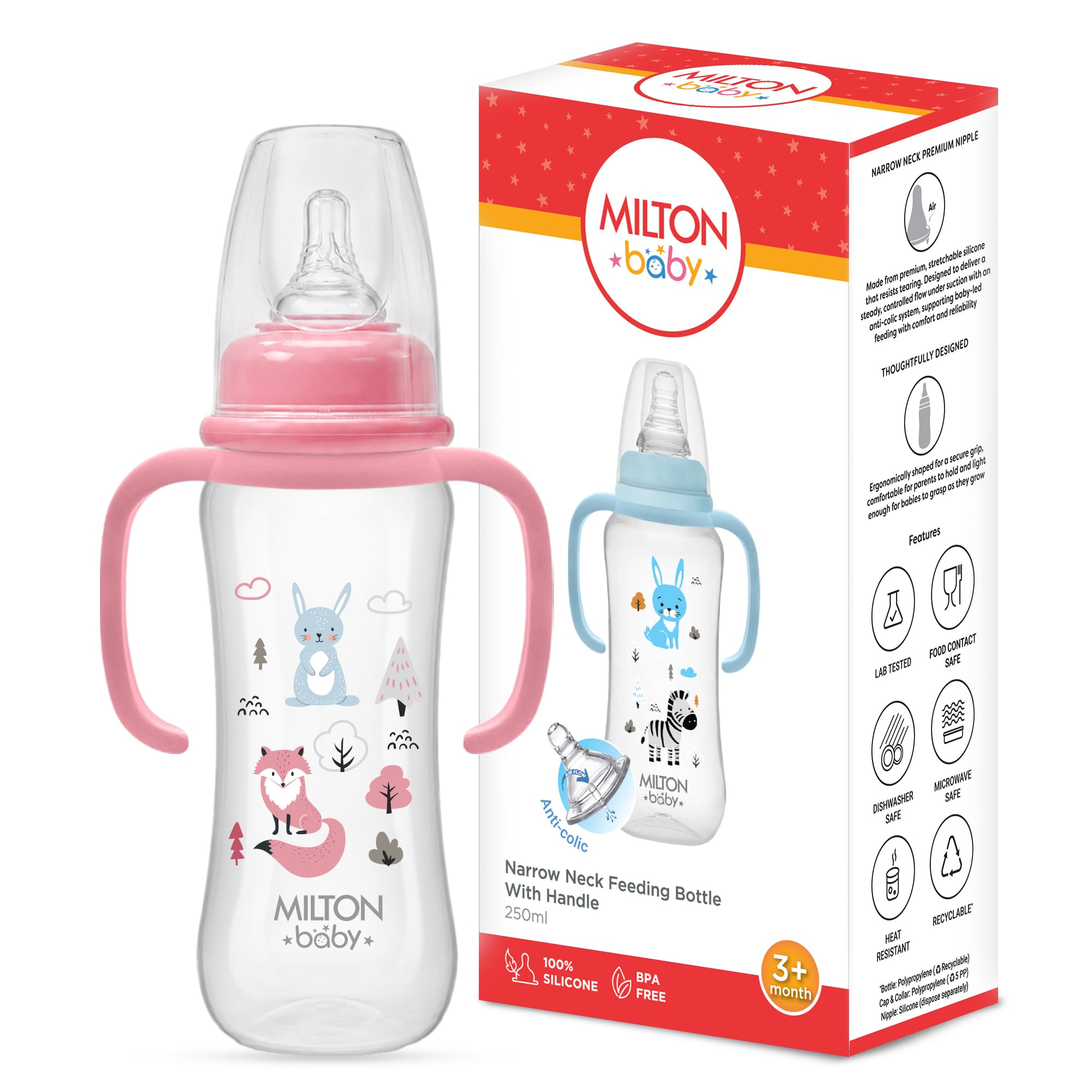 Milton Baby Narrow Neck Feeding Bottle 250 ml I Anti-Colic Design Silicone Nipple I ISI Certified I BPA Free I Natural Response System (Mimics Breastfeeding) I Removable Handle I 3+ Months I Pink-image-23