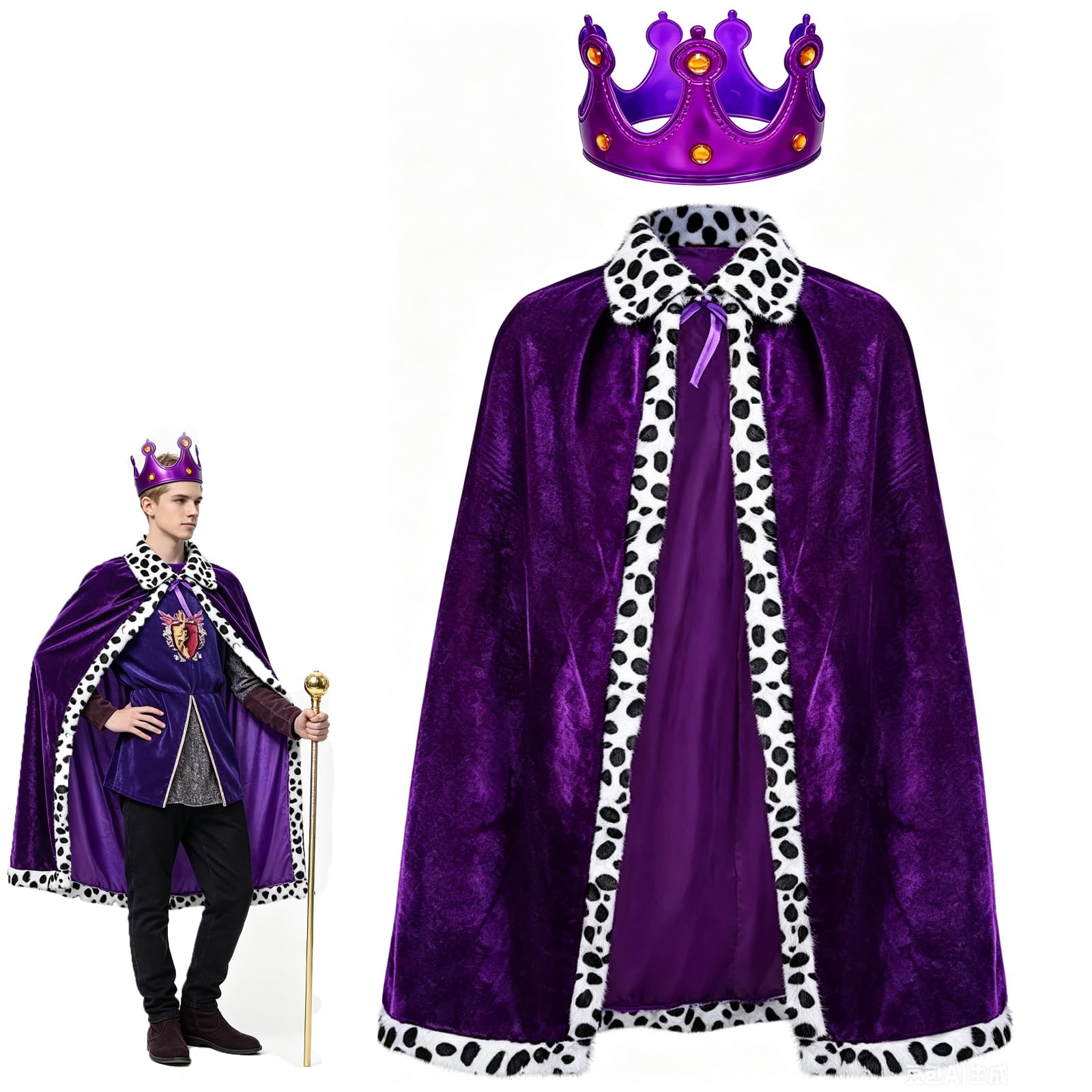 ZPSCXQ King Costume Kids, Medieval Costume Set with Purple Cape and Crown, Role Play Costume for School Performances and Themed Parties, Fairy Tale Dress Up for Boys and Girls