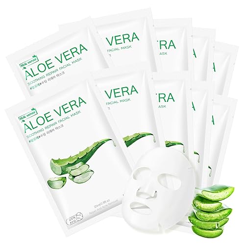 GUOYAOLIFU 10 Sheets Aloe Vera Face Masks Skincare, Hydrating Face Mask Skincare For Dry, Oily, Sensitive Skin, Aloe Facial Masks Skin Care Sheet For Moisturizing, Soothing, Calming, Sun Care - Facial Mask - Aloe 10pack