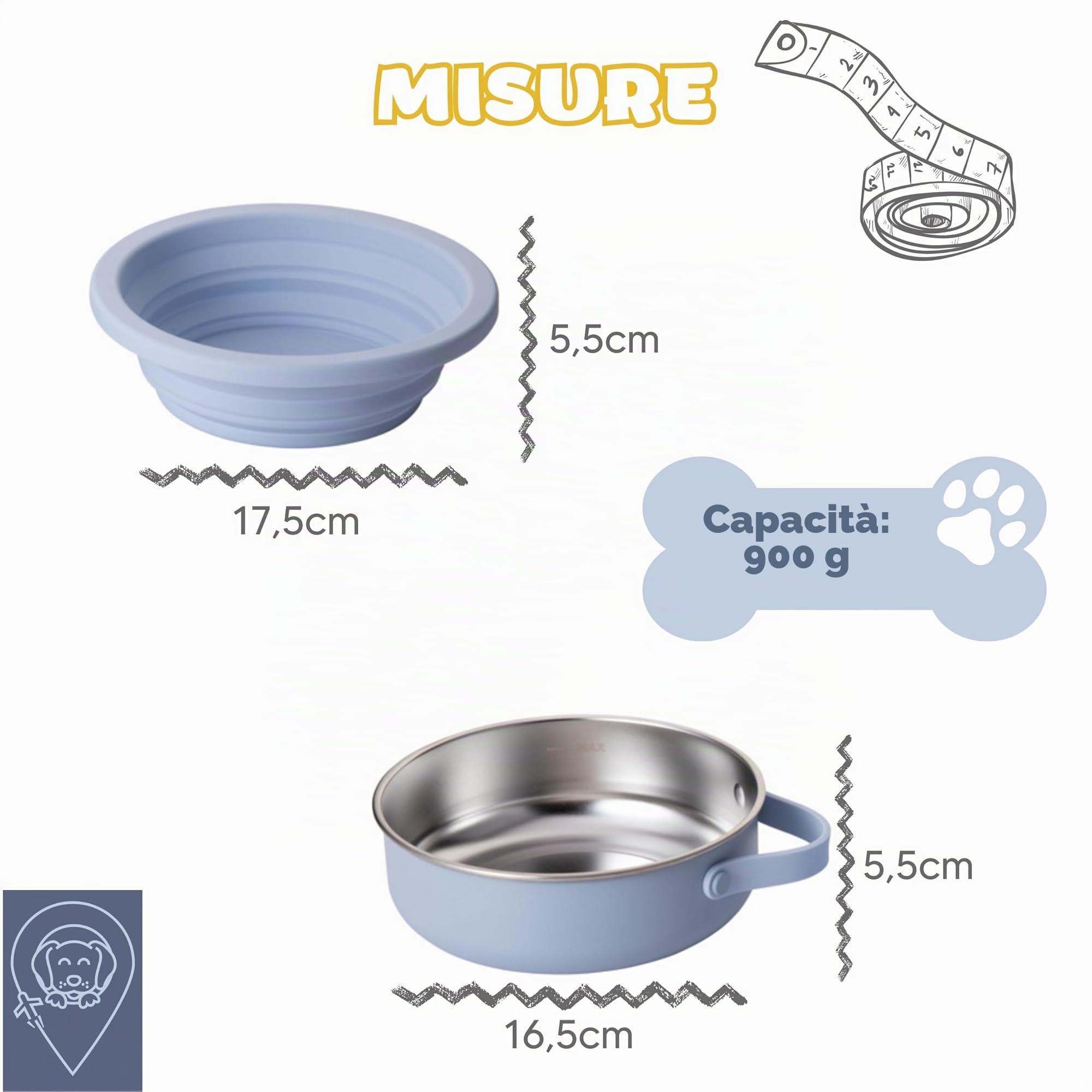 KPET Mangiatoia e abbeveratoio per cane e gatto pieghevole, 2 in 1 - Ciotola portatile in acciaio inox e ciotola pieghevole in silicone, ideale per auto, viaggi, escursionismo, con base antiscivolo e