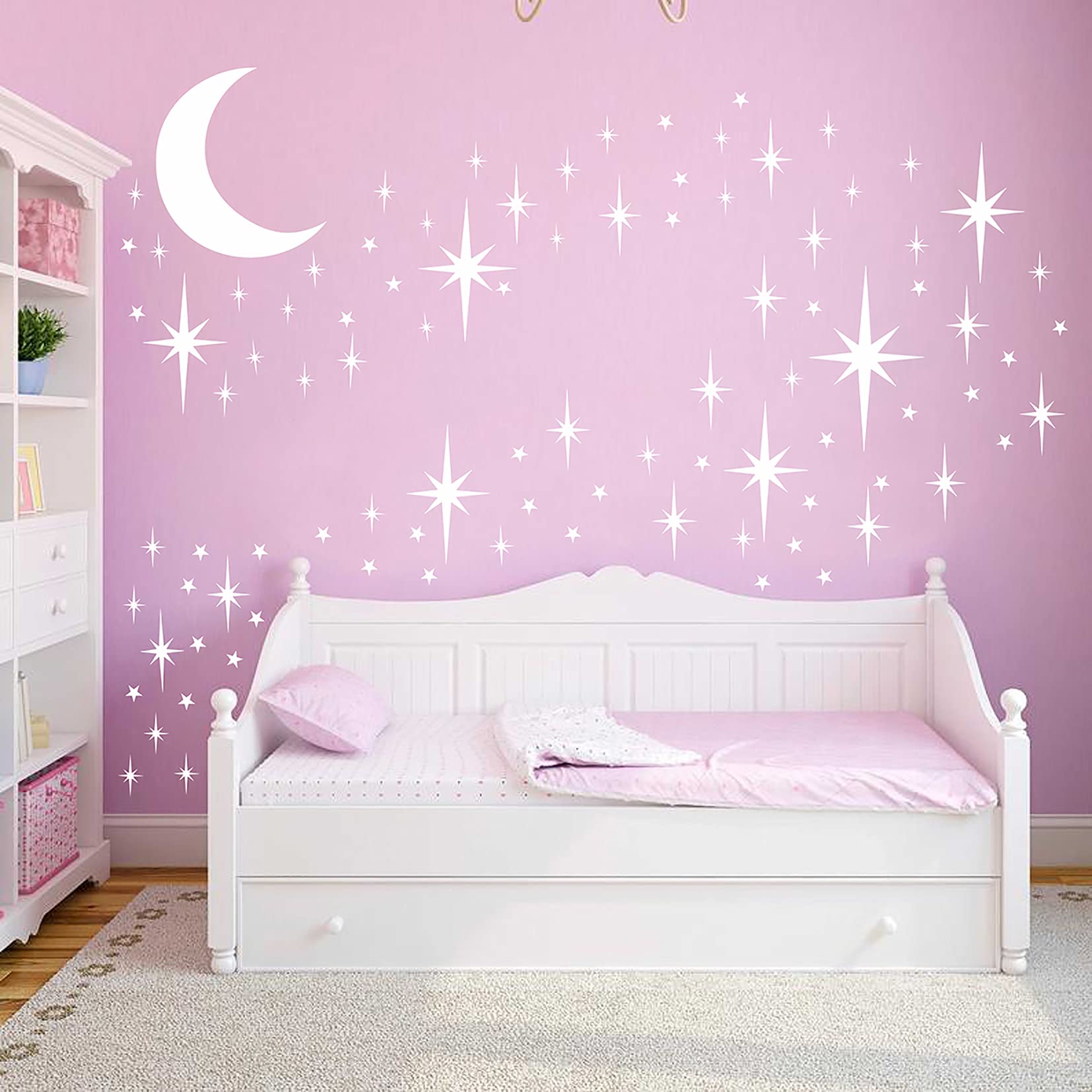 Calcomanía de pared con estrellas y luna para pared, vinilo blanco en estrellas, pegatinas de pared removibles para niños y niñas dormitorio
