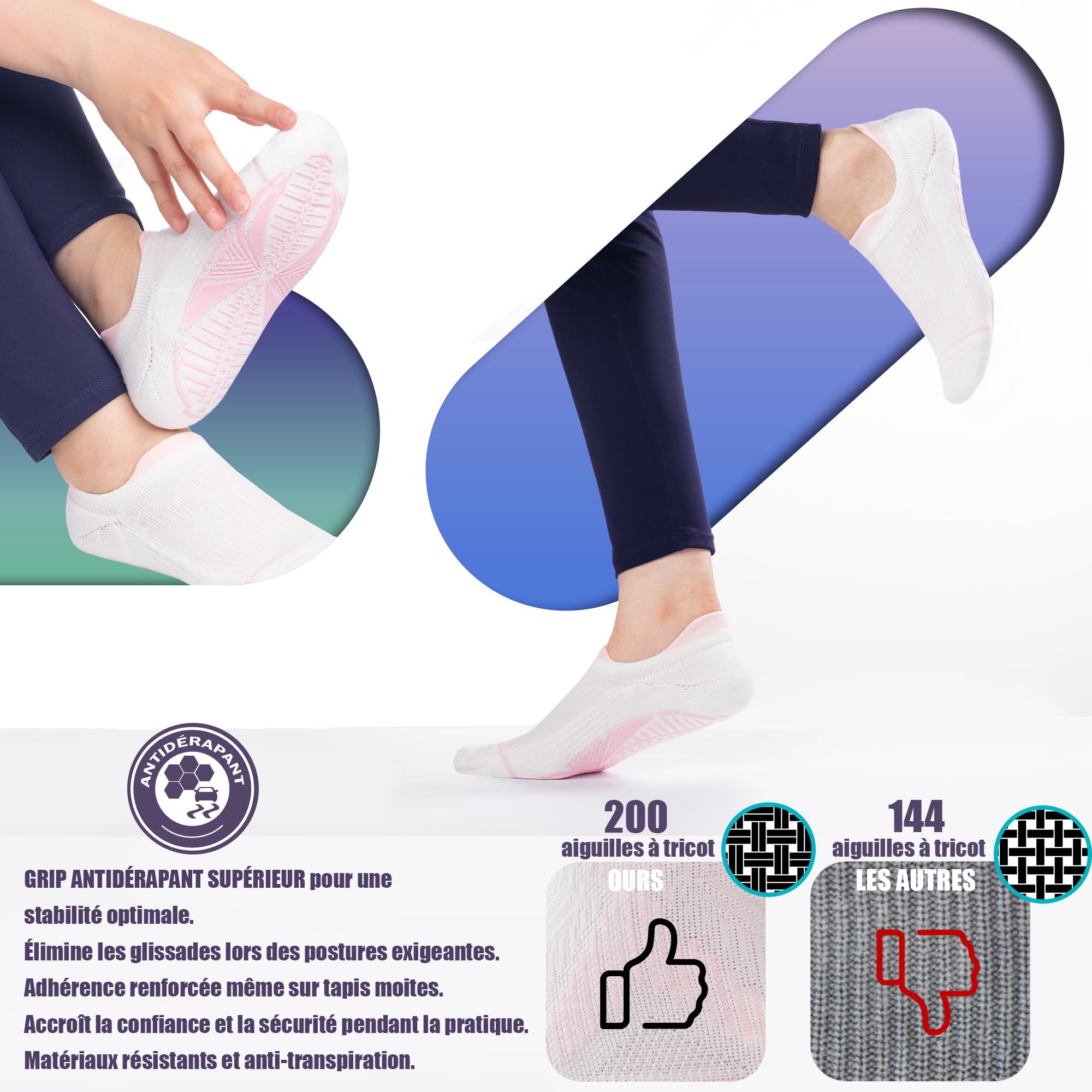 BRISIRA Chaussettes Pilates Coolmax Bambou Semelles Adhérentes Femme, Antidérapantes pour Yoga, Barre, Hôpital ou Pieds Nus avec Compression