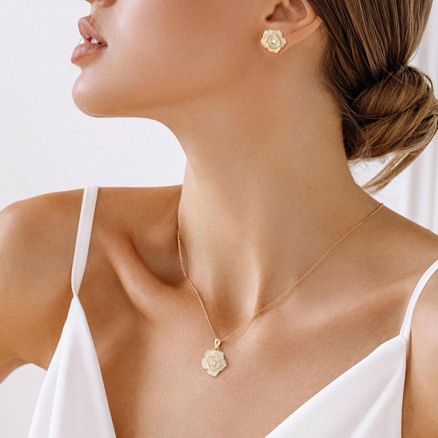 Rose Flower Earring Necklace Set - 14k Gold Plated Hypoallergenic Jewelry Sets For Women, Trendy Cubic Zirconia Floral Hoop Earring Pendant Necklace Anniversary Birthday Gift for Her - Image 4