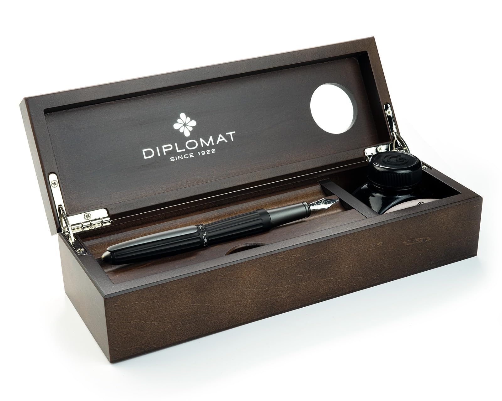 Diplomat Aero Füllhalter-Set Schwarz, Holzbox Wenge | Mit Edelstahlfeder M, 30 ml Octopus Tinte Königsblau, Konverter und Holzschatulle aus Wengeholz als Stifteetui
