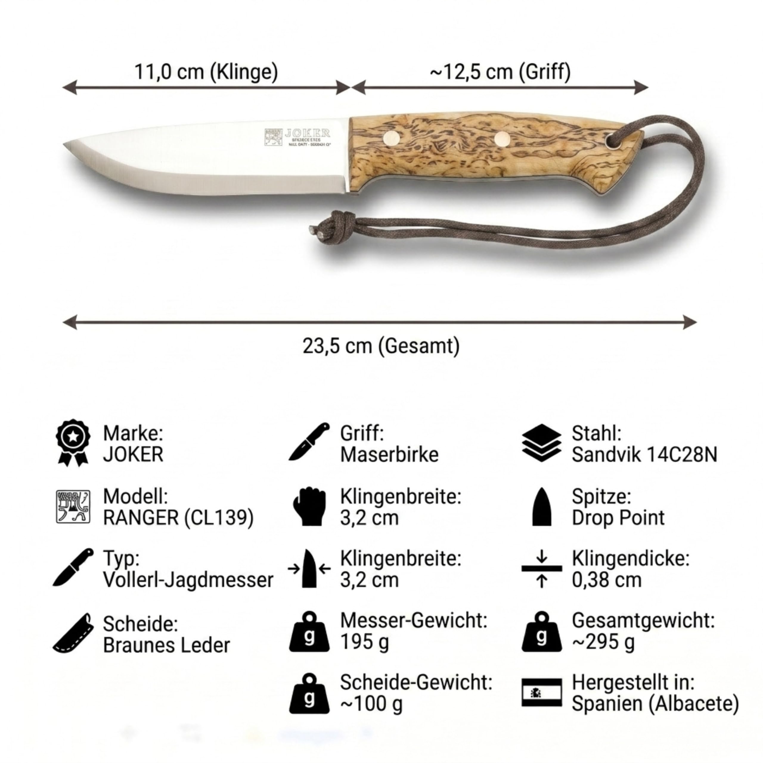 Joker CL143-P Jagdmesser Ranger – 11 cm Klinge, Griff aus Maserbirke, braune Lederscheide mit Feuerstahl – Outdoor-, Angel-, Jagd- und Campingmesser