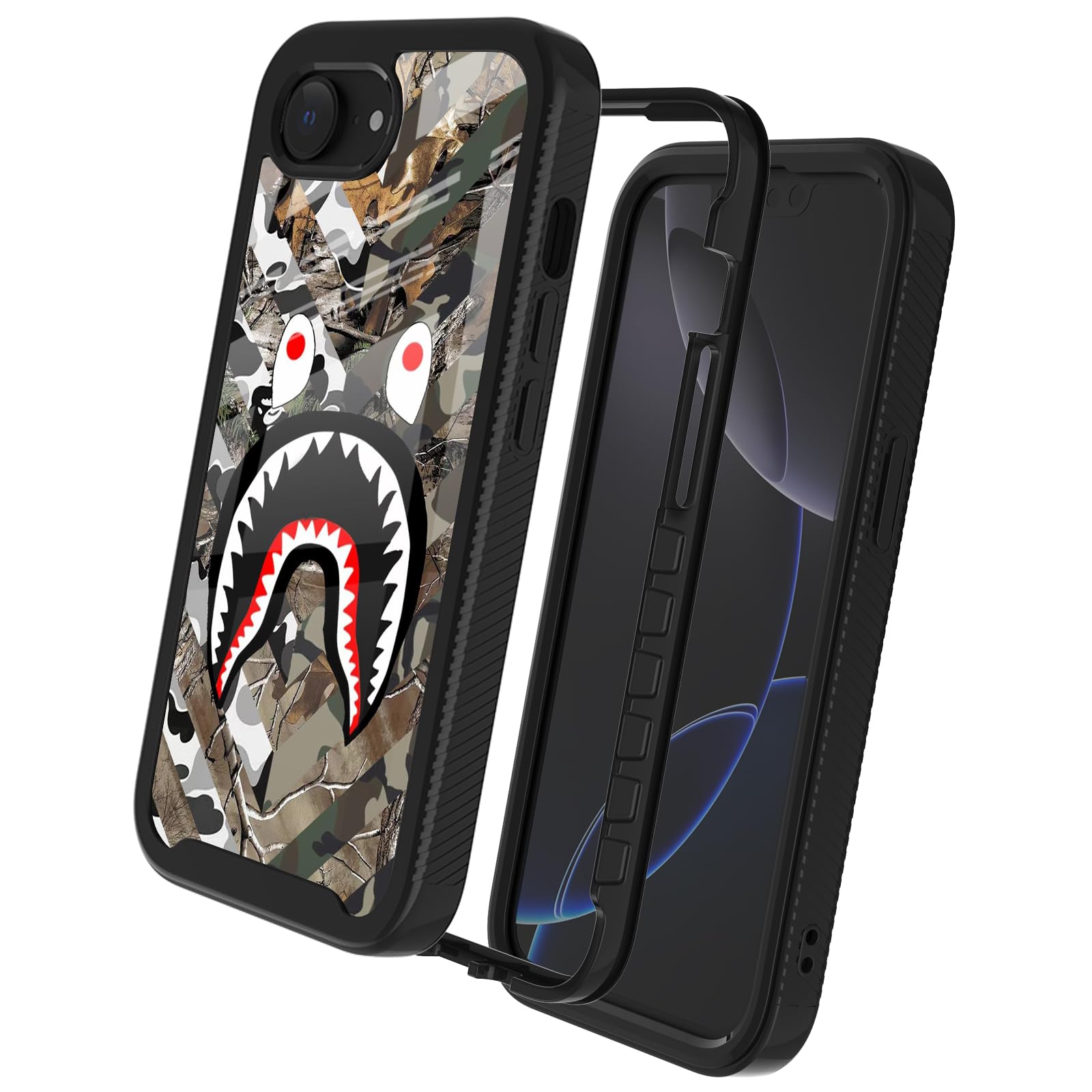 GUGU6JI Street Fashion Cool Camo Camouflage Tree Shark Design Compatible with iPhone 16e Case for Boys Man Luxury Shockproof Rugged Cover Dual Layer