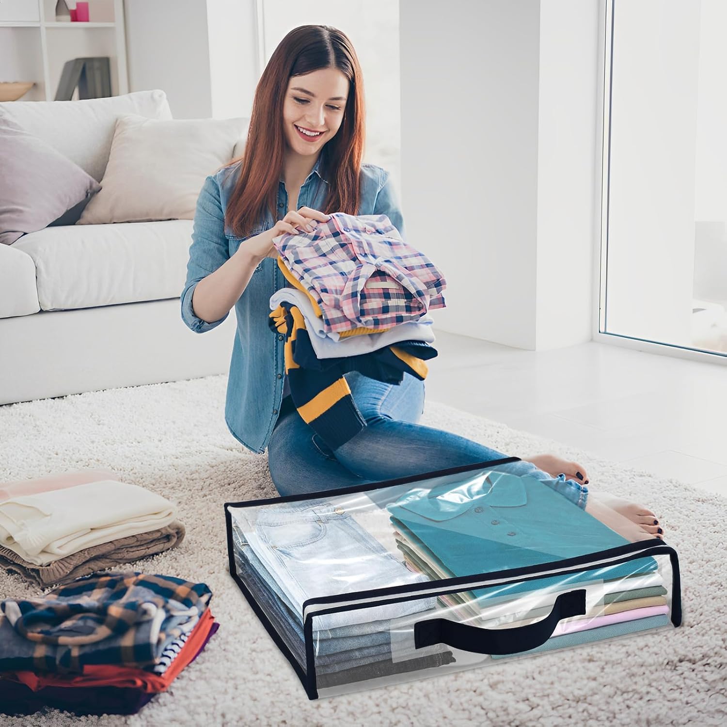 6 Organizer Trasparenti Con Manico Rinforzato Per Vestiti, Coperte