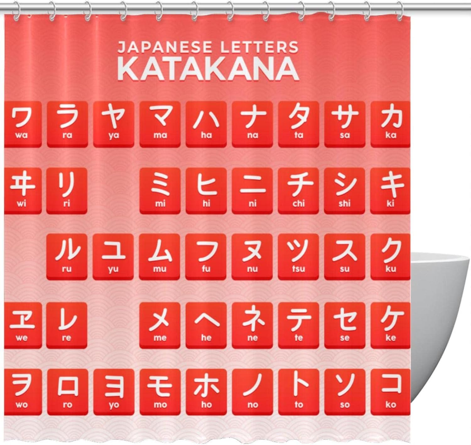 Japanese Letters Hiragana Alphabet Red Shower Curtain, for
