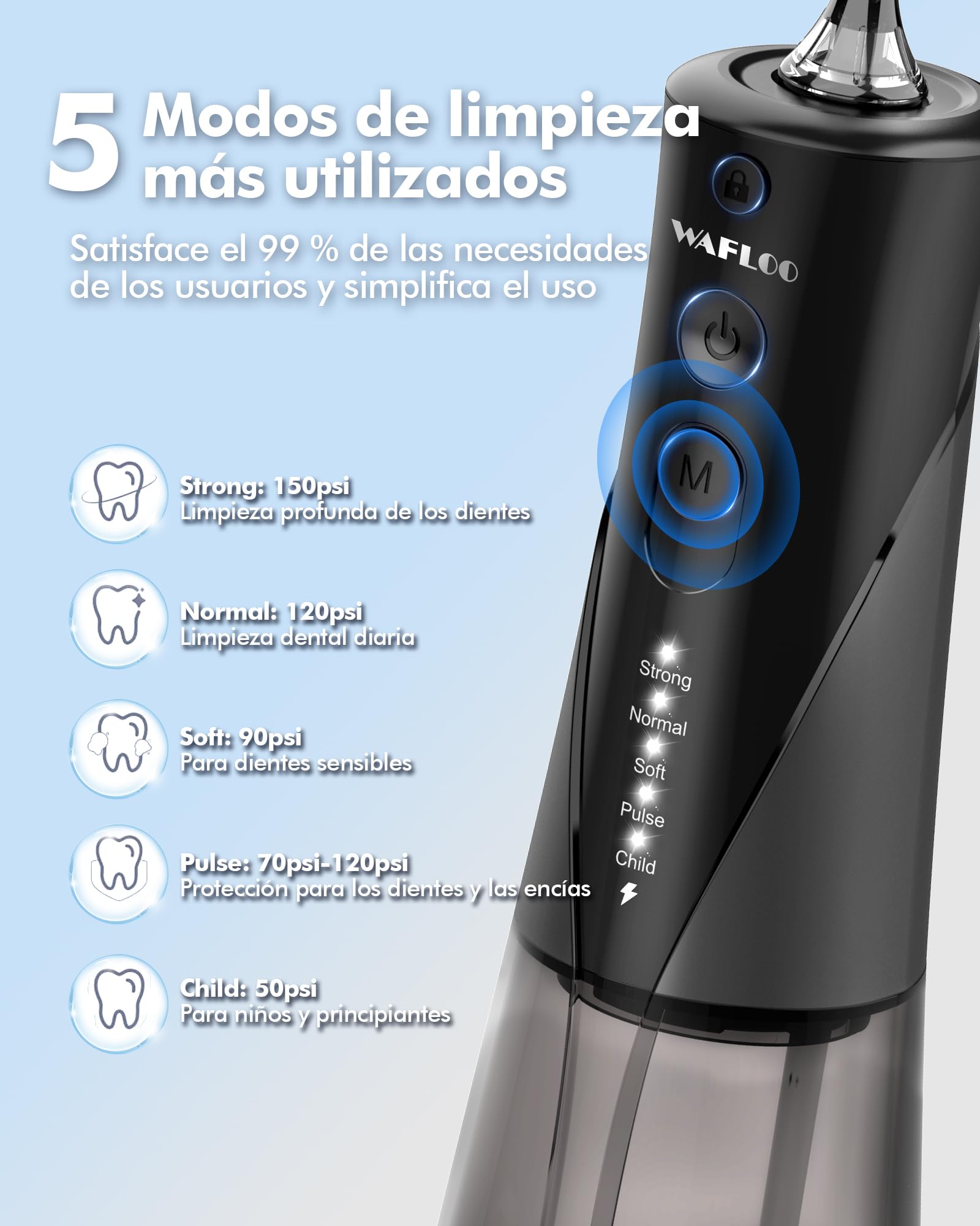 Irrigador Dental Portatil, 5 Modos de Limpieza con 6 Boquillas, Tanque de Agua de 300ml, IPX7 Impermeable, Ideal para Limpieza Dental en Casa y de Viaje（Negro）