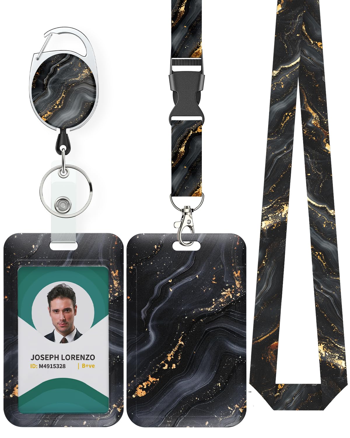 Uniclife Marbling Sliding Badge Holder Black & Gold Marble Pattern Plastic Card Holder with Retractable Badge Reel Carabiner Detachable Lanyard Vertical Card Protector for Office Worker Nurse Teacher