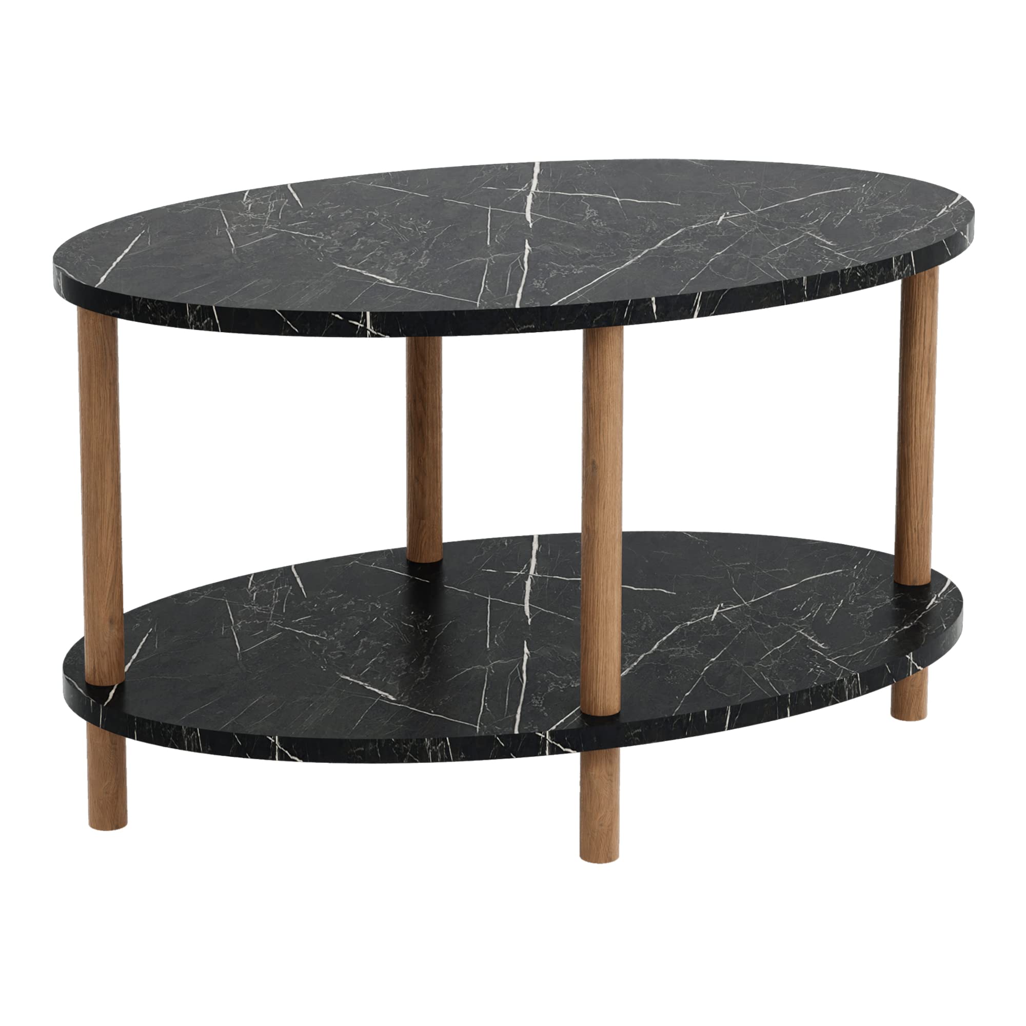 [en.casa] Mesa de Centro Ovalada Højreby con Estante y 4 Patas Mesa Auxiliar Mueble de Salón Oficina Aglomerado/Madera de Haya 43 x 70 x 44 cm - Efecto mármol, Negro