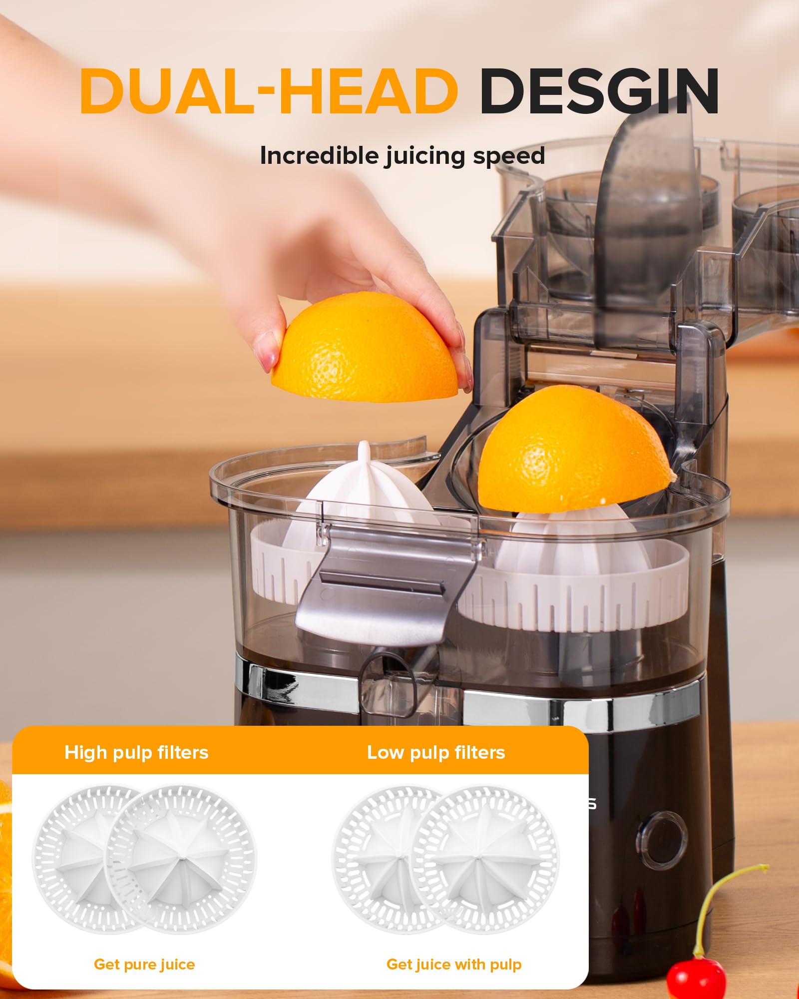 Amzpass Dual-Head Electric Citrus Juicer, Lemon Squeezer with Power Cord and Cleaning Brush, 1-Button Automatic Juicer Machine for Orange, Lemon, Lime, Easy to Clean & Use, Built-in Cutter(Black)