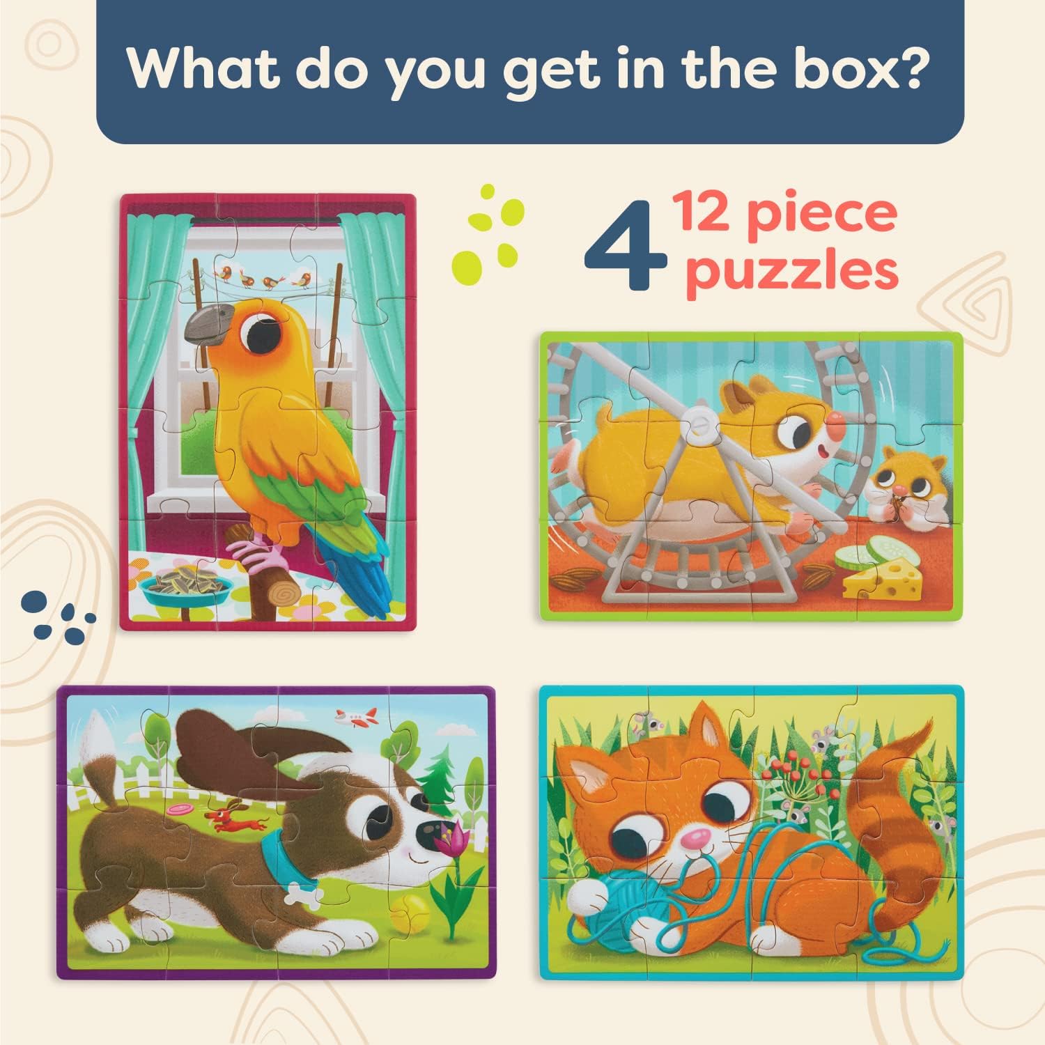B. toys – Wooden Puzzle Set – 4 Animal Puzzles – Cat, Dog, Bird, Hamster – 12 Pieces Jigsaw Puzzles for Kids – 3+ Years– Pack o' Puzzles – Pets