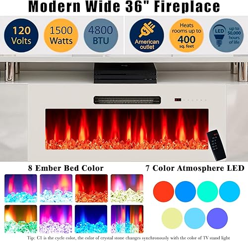 Miniatura 2 de AMERLIFE - Soporte de TV con chimenea de 36 pulgadas, centro de entretenimiento con chimenea moderna de 70 pulgadas con luces LED, gabinete de
