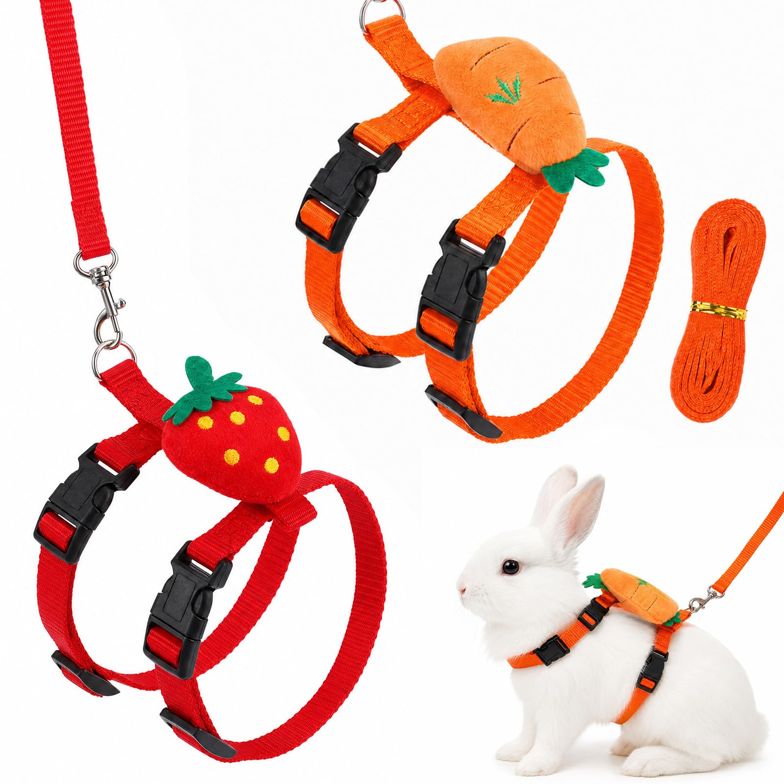 2 Pcs Rabbit Harness and Lead Set – Nylon Bunny Leash with Plush Strawberry and Carrot – Adjustable Kitten Harness for Guinea Pig Ferret and Small Pets Walking