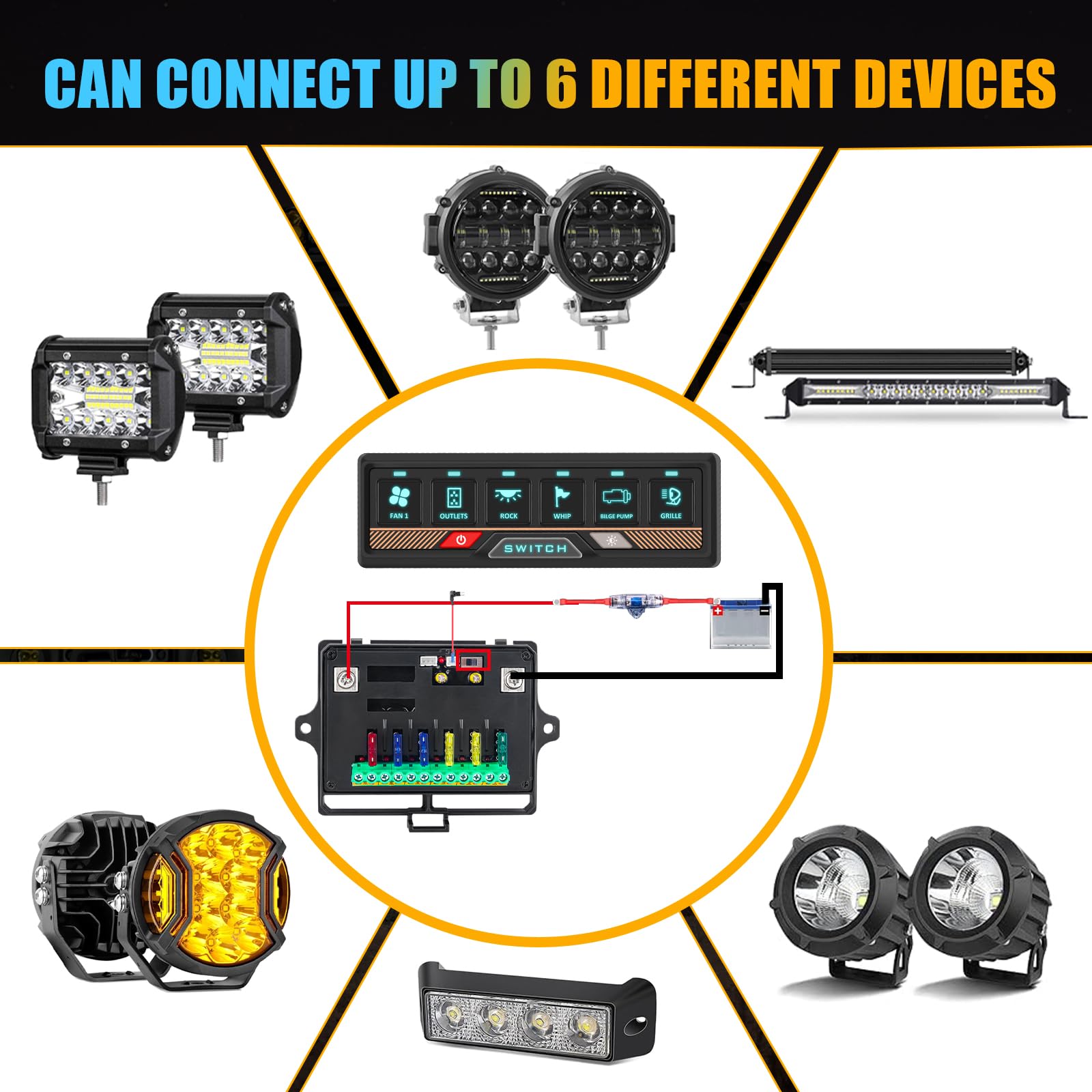 Chelhead 12 V/24 V Pannello di controllo RGB 6 posizioni dimmerabili multifunzione programmabile accessori controllo batteria impermeabile, compatibile con camion, barca, SUV, camper, rimorchio marino