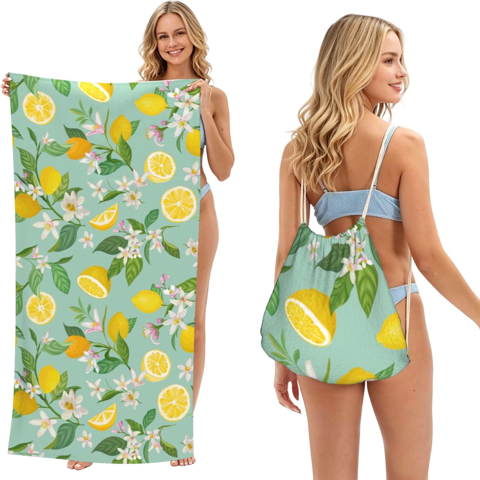 Poadnly As Picture Teal Lemon And Leaf Printed, 2 In 1 Packable Towel Bag, Beach Towels With Drawstring Backpack For Travel Holiday Camping