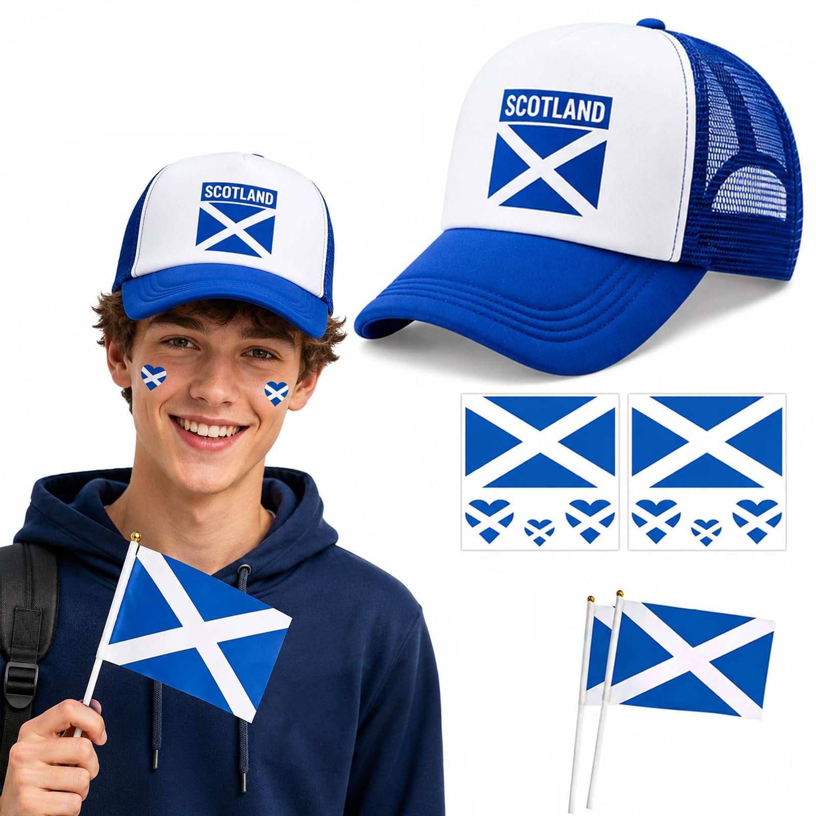 PUQGAOIP 5 Pcs Scotland Cap Fan Set, Breathable Mesh Baseball Hat with 2 Handheld Scottish Flag and Face Tattoos, Essential Scotland World Cup 2026 Merchandise for Men Women Match Day Parties