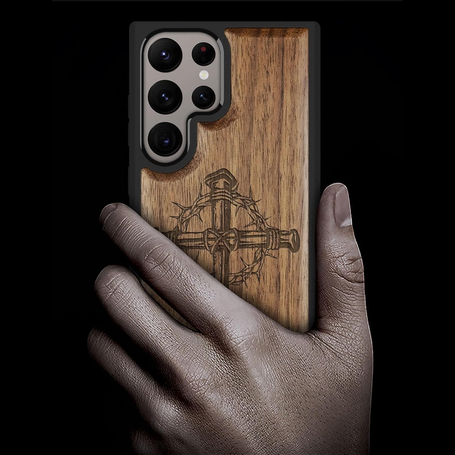 Carveit Wood Case for Galaxy S24 Ultra Case [Natural Wood & Black Soft TPU] Shockproof Protective Cover Unique Wooden Design Compatible with Samsung S24 Ultra (Crucifix Nails-Walnut)