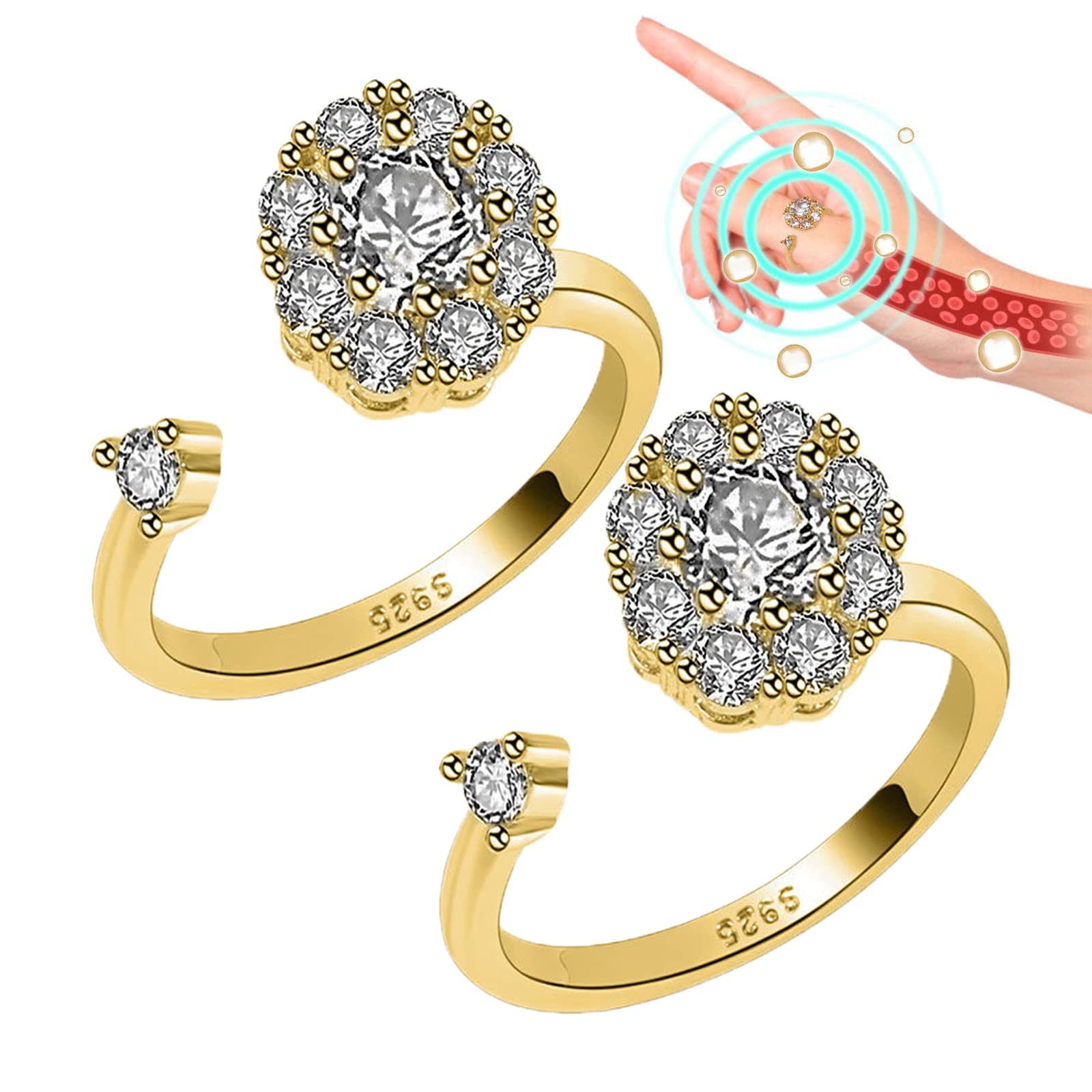 KCRPMKCRPM Windcristal Magnetique Lvmphvity Cleaning Ring, Open Adjustable Moissanite Spinner Ring, Anxiety Ring for Women Sterling Silver (2PCS Gold)