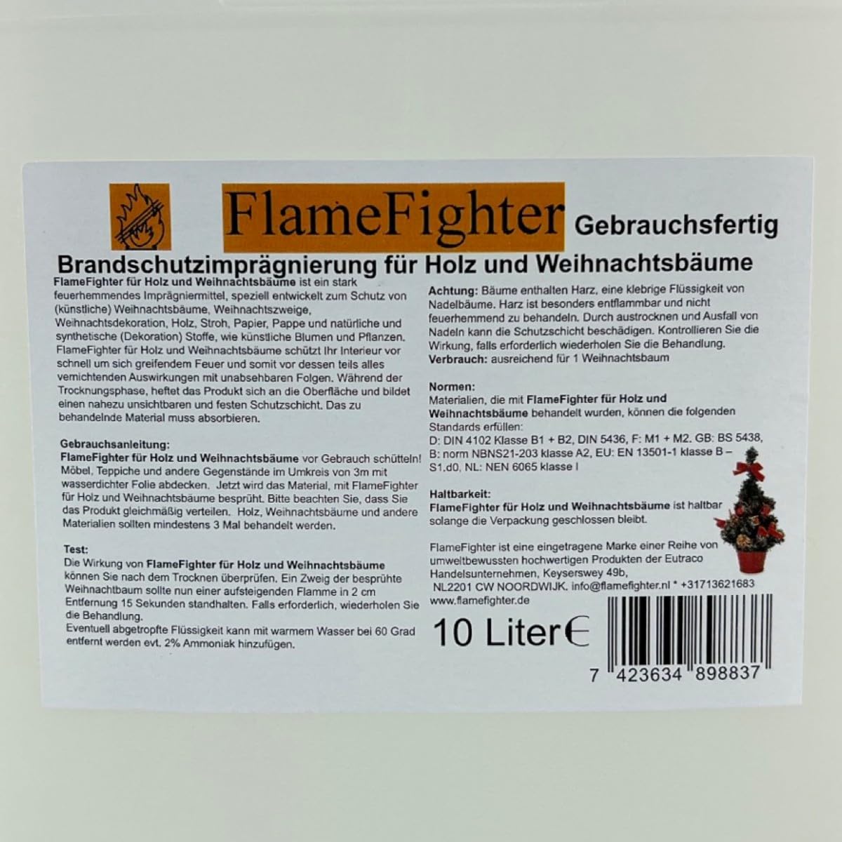 FlameFighter – 10 litros de impermeabilización contra incendios para madera, papel y árboles de Navidad, protección contra incendios, prueba de propagación del fuego, clase 1, posible DIN 4102 B1