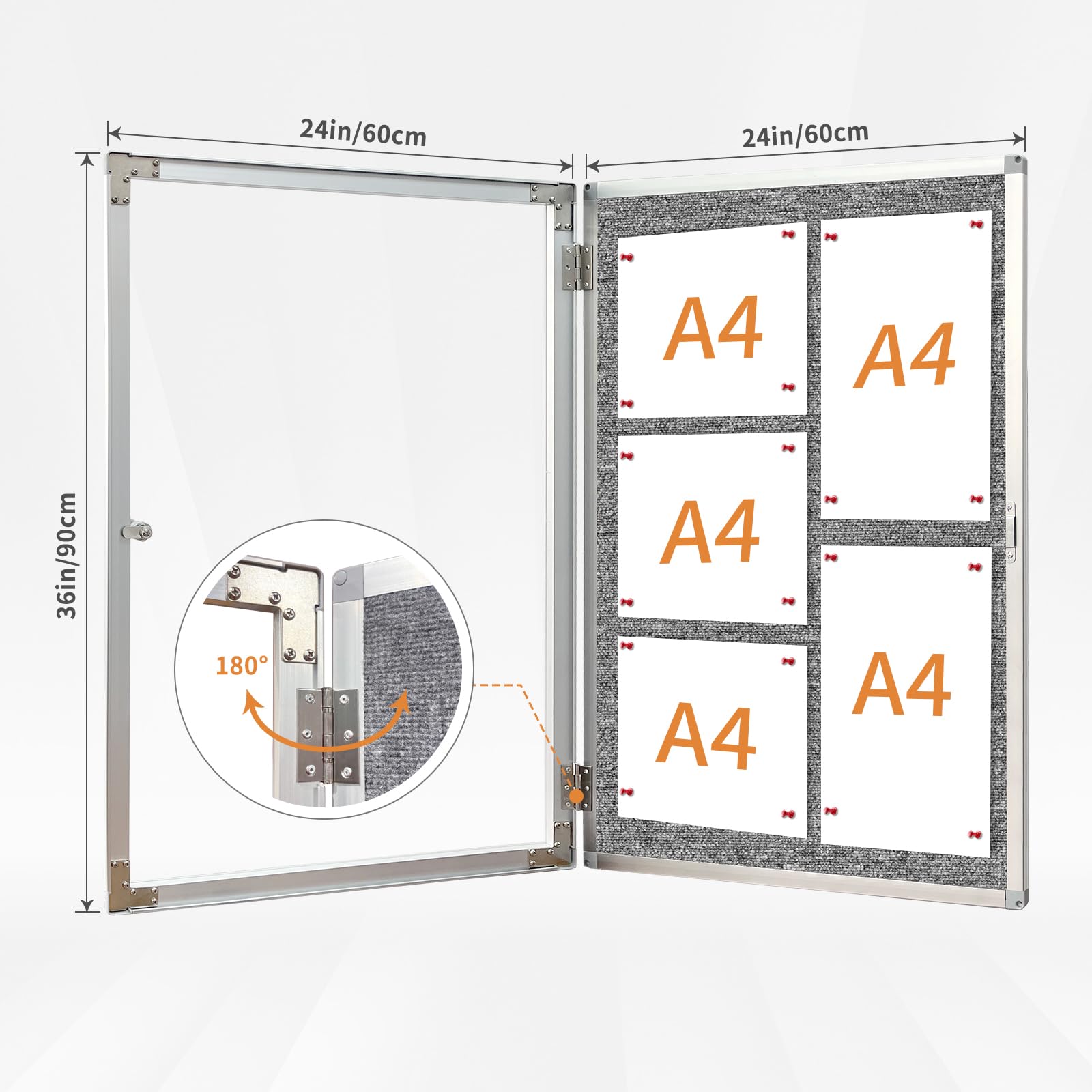 Tablón de anuncios cerrado, resistente a la intemperie, vitrina de mensajes con puerta de bloqueo acrílica, fieltro gris, marco de aluminio, 36 x 24 pulgadas (5 x A4)