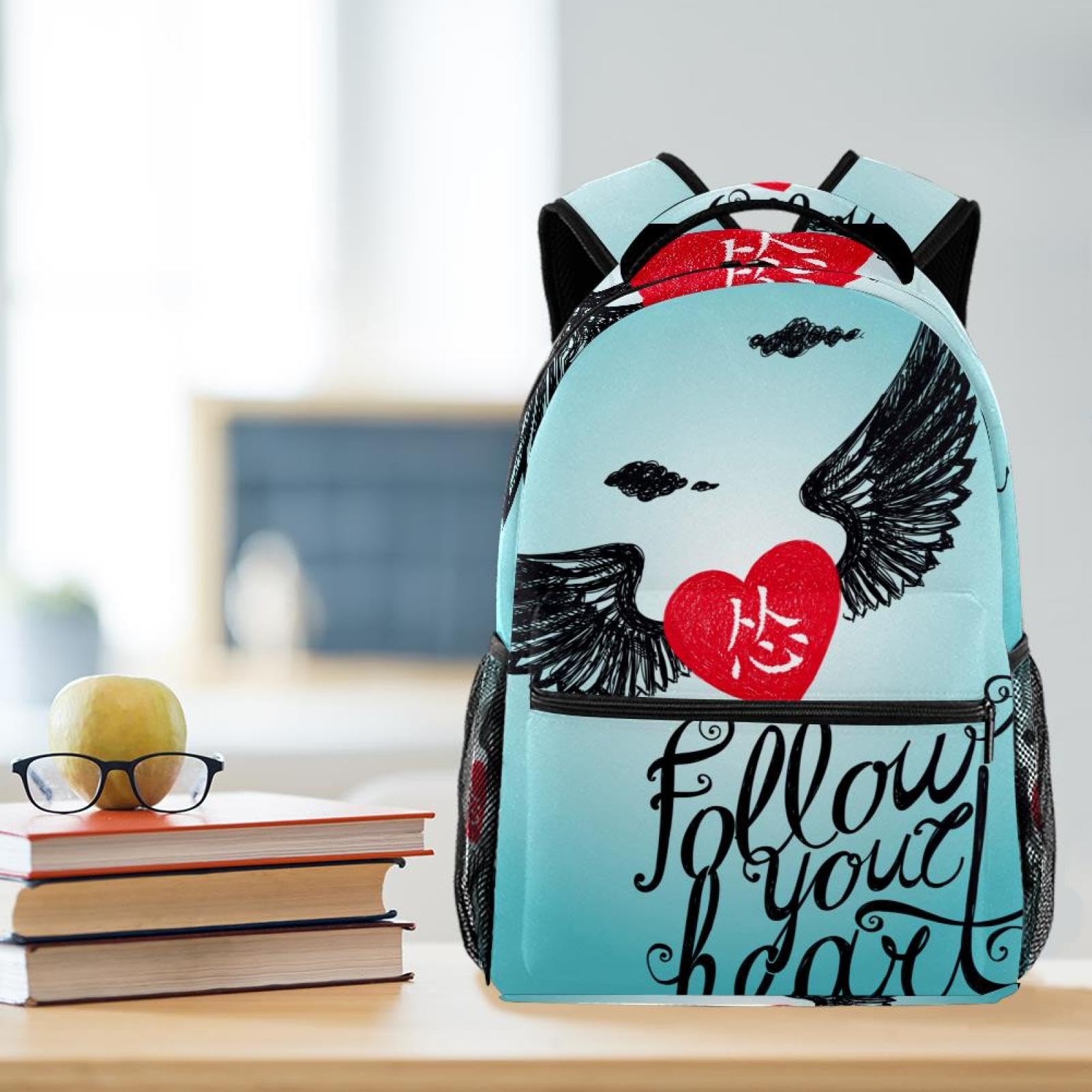 Zaino per bambini con scritta in lingua inglese "Lettering Wing Heart", zaino scolastico, impermeabile, casual, per libri, computer portatile, per uomo e donna
