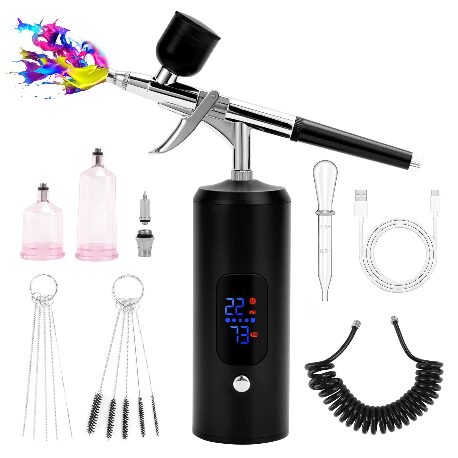 Kit Aérographe Sans Fil, 38PSI Réglable avec Compresseur, Rechargeable, Écran LCD, Tuyau Extension, Idéal pour Coiffure, Nail Art, Décoration Gâteaux, Maquillage, Peinture Modélisme