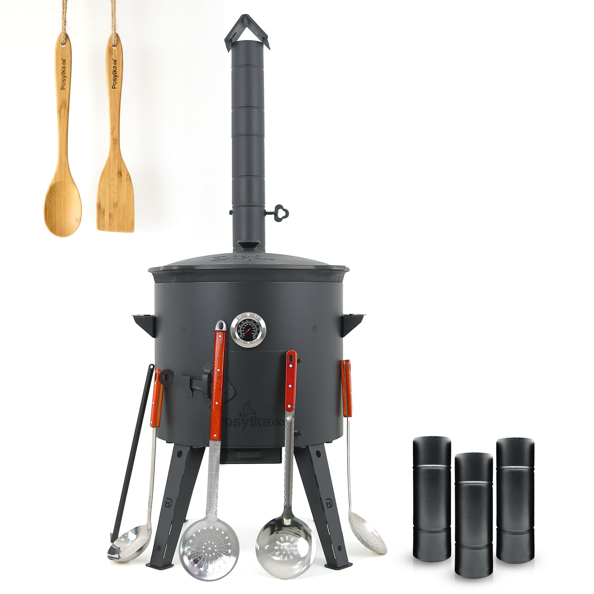 Kazan - Cuchara de hierro fundido Kazan (16 L, con estufa de fuego Utschak, diámetro de 44 cm, base redonda, para cucharón Plov, cuchara de madera, espátula Учак Учаг Uchag Asia (Set 6)