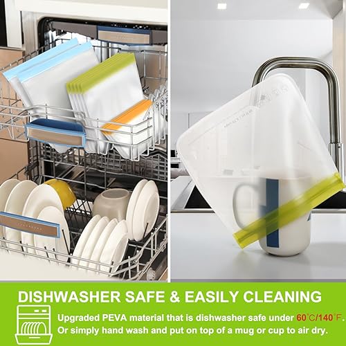 Miniatura 6 de SPLF Paquete de 12 bolsas reutilizables aptas para lavavajillas, bolsas de almacenamiento reutilizables sin BPA, extra gruesas, a prueba de fugas,
