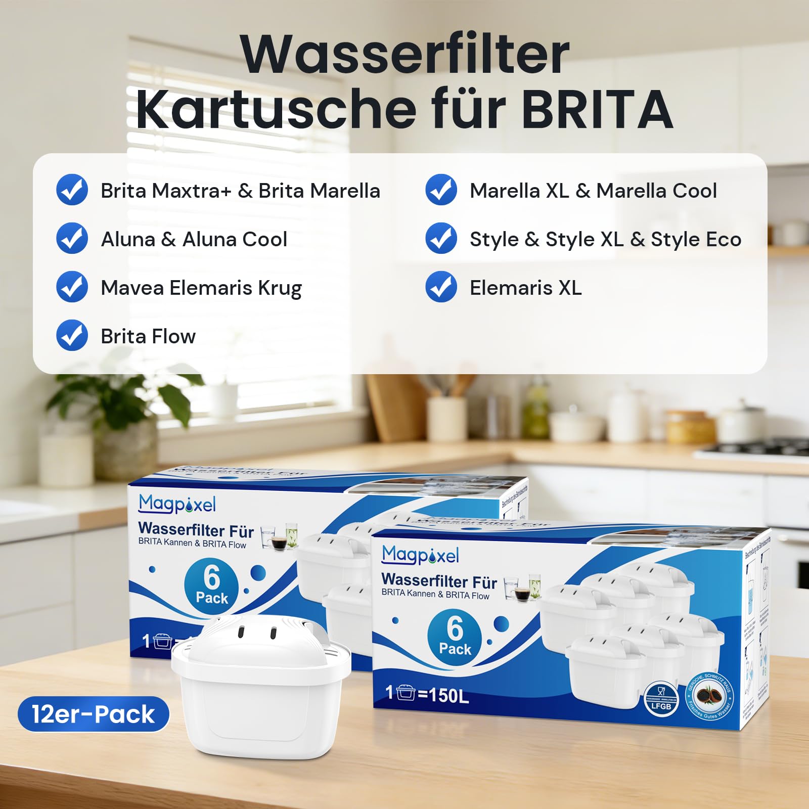 Wasserfilter Kartusche für BRITA Filter, 12er-Pack, Passend für Alle BRITA Wasserfilter-Kannen, Extra Kalkschutz, Reiner Wassergeschmack, filtert PFAS, Chlor, Kalk, Metalle, Ultimativer Geräteschutz