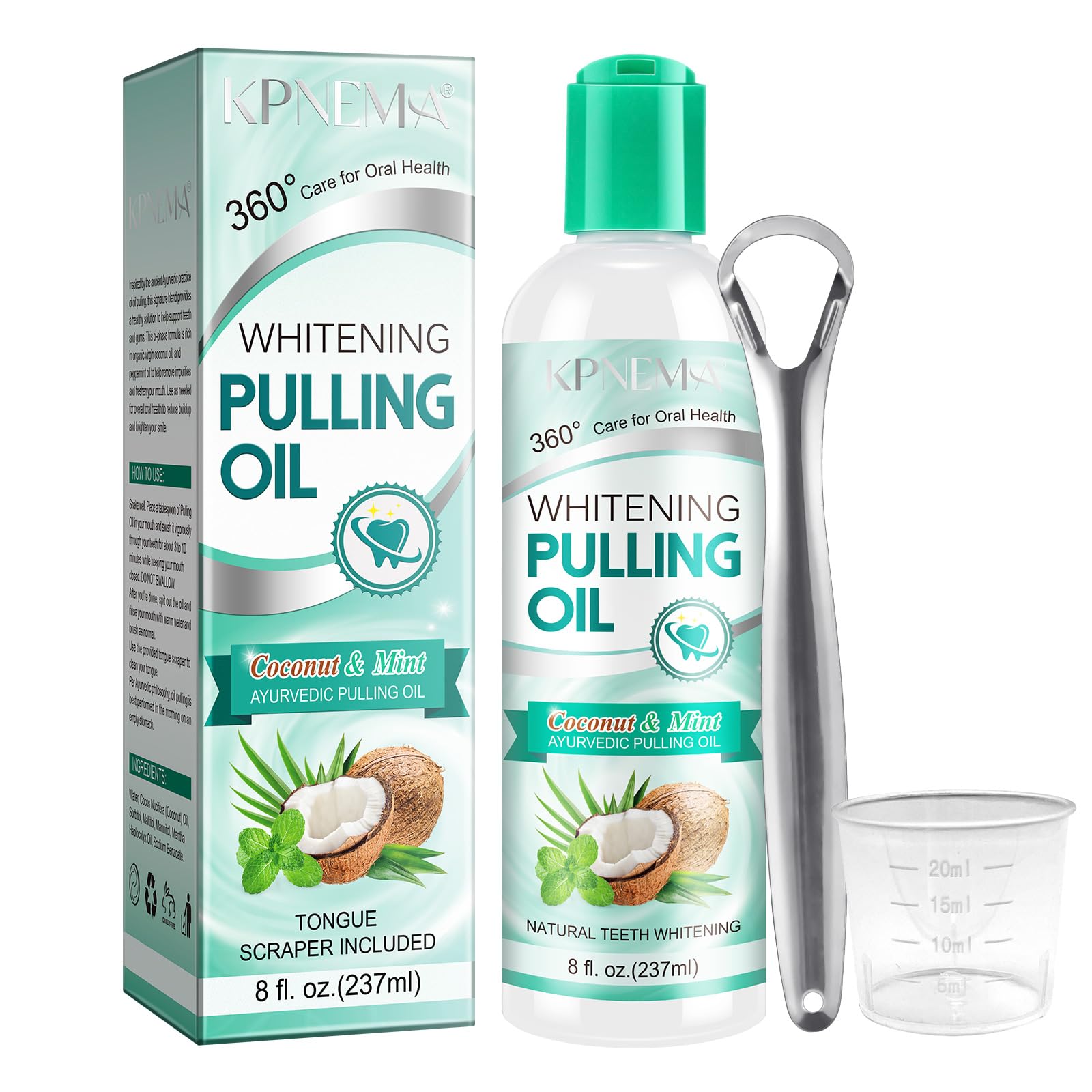 KPNEMA Coconut Mint Oil Pulling Mouthwash, Natural Coconut Oil Mint Mouthwash Keeps Breath Fresh Suitable for Dates and Daily Oral Care, White Teeth & Healthy Gums (8 Fl Oz (Pack of 1))
