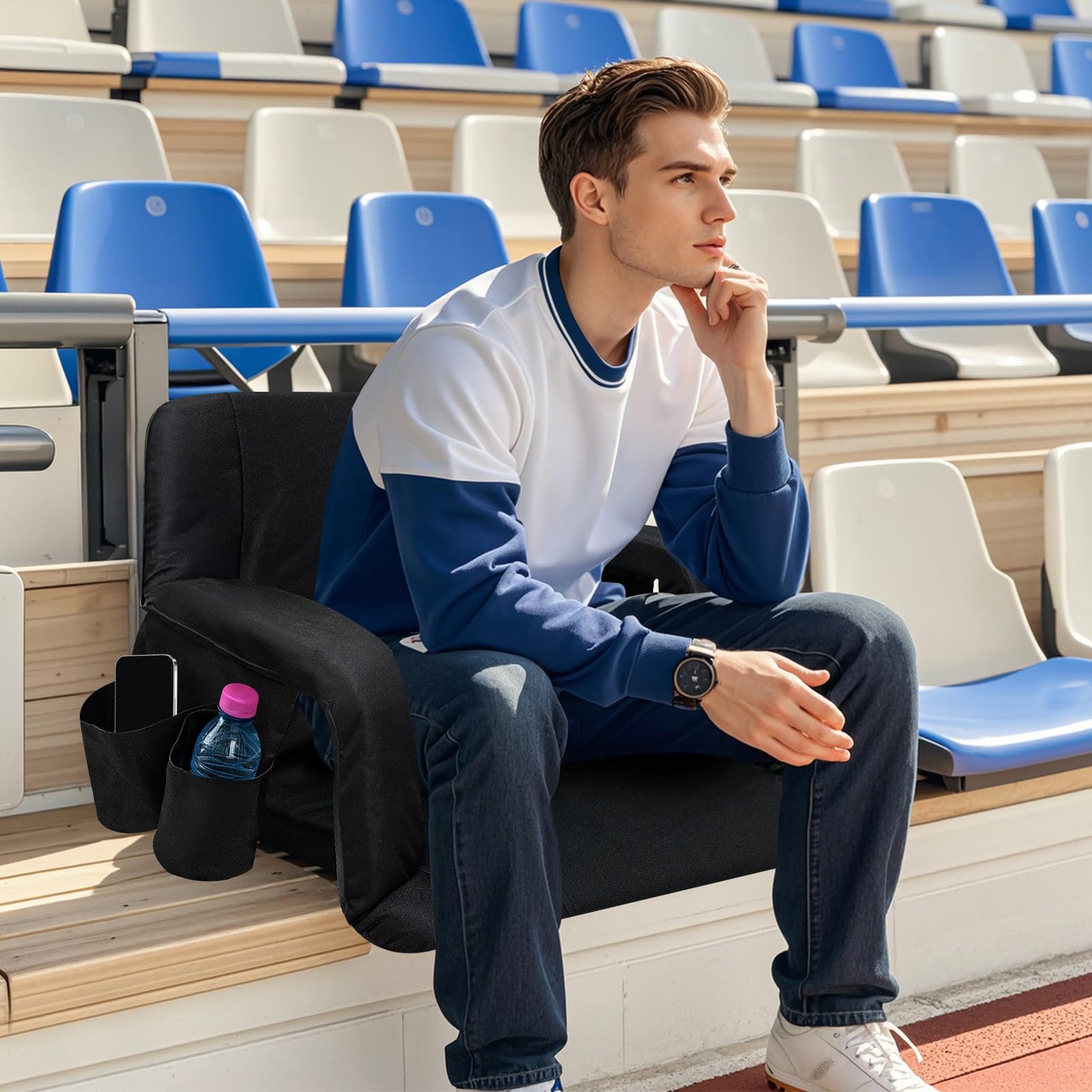 Hmlinktt Stadium Seats with Back Support, Bleacher Chairs with Comfy Cushion and Armrests, Portable Wide Stadium Chair with 4 Pockets for Sport Events, Camping, Concerts, Canoe, Kayak, Boat