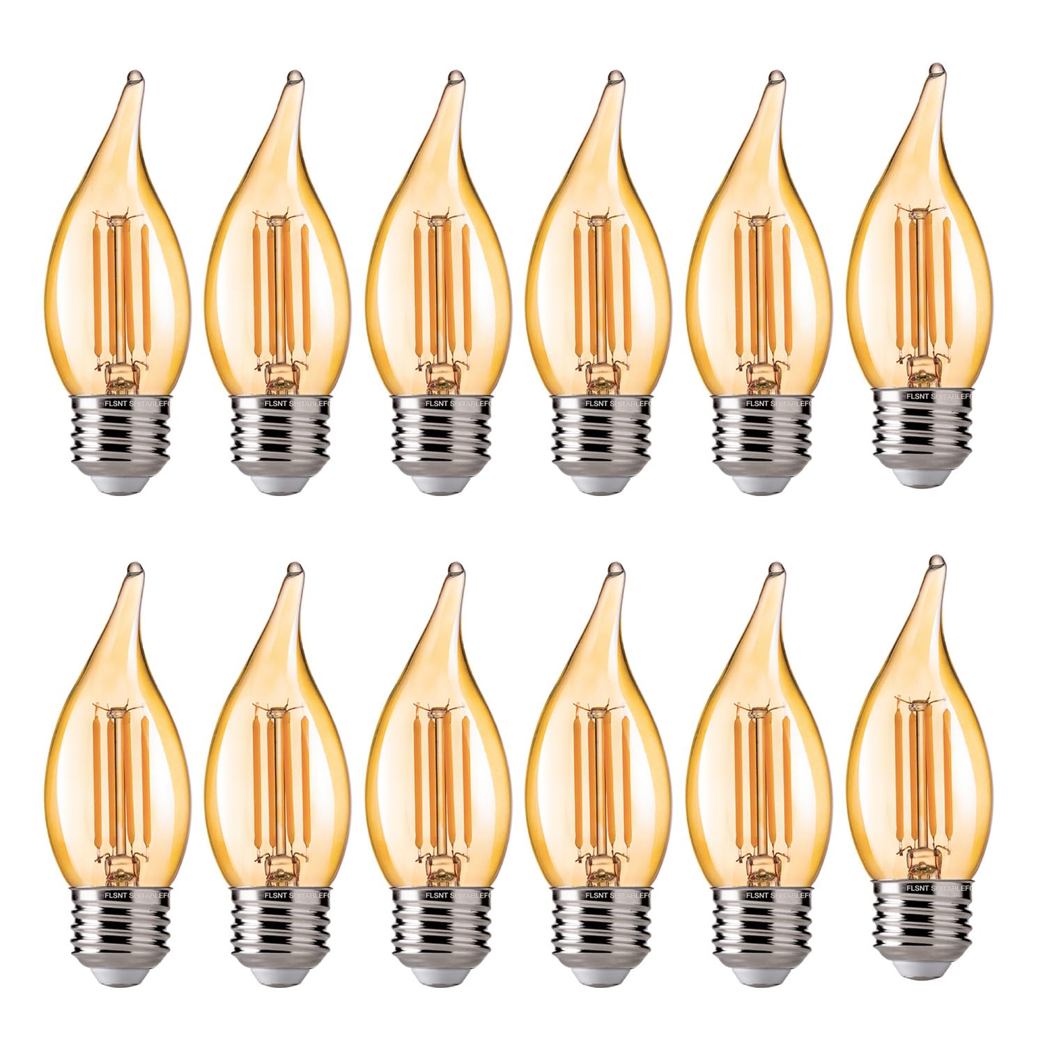 flsnt ca11 e26 led candelabra bulbs, dimmable led chandelier light bulbs, 40w equivalent, 2200k warm white light, 330lm, amber glass finishing, 12 pack ul,ca65 listed.