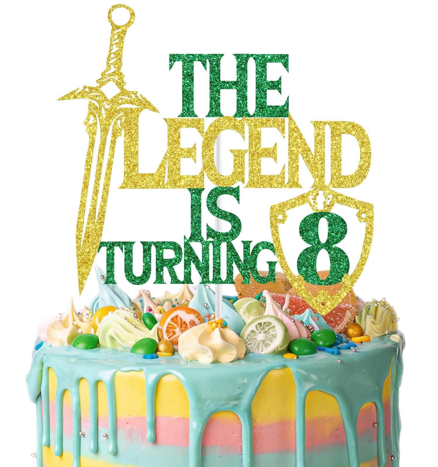 The Legend is Turning 8 Cake Topper, Master Sword Boys Girls 8th Birthday Decorations, Fantasy Video Game Kids Birthday Party Decorations Gold & Green Glitter