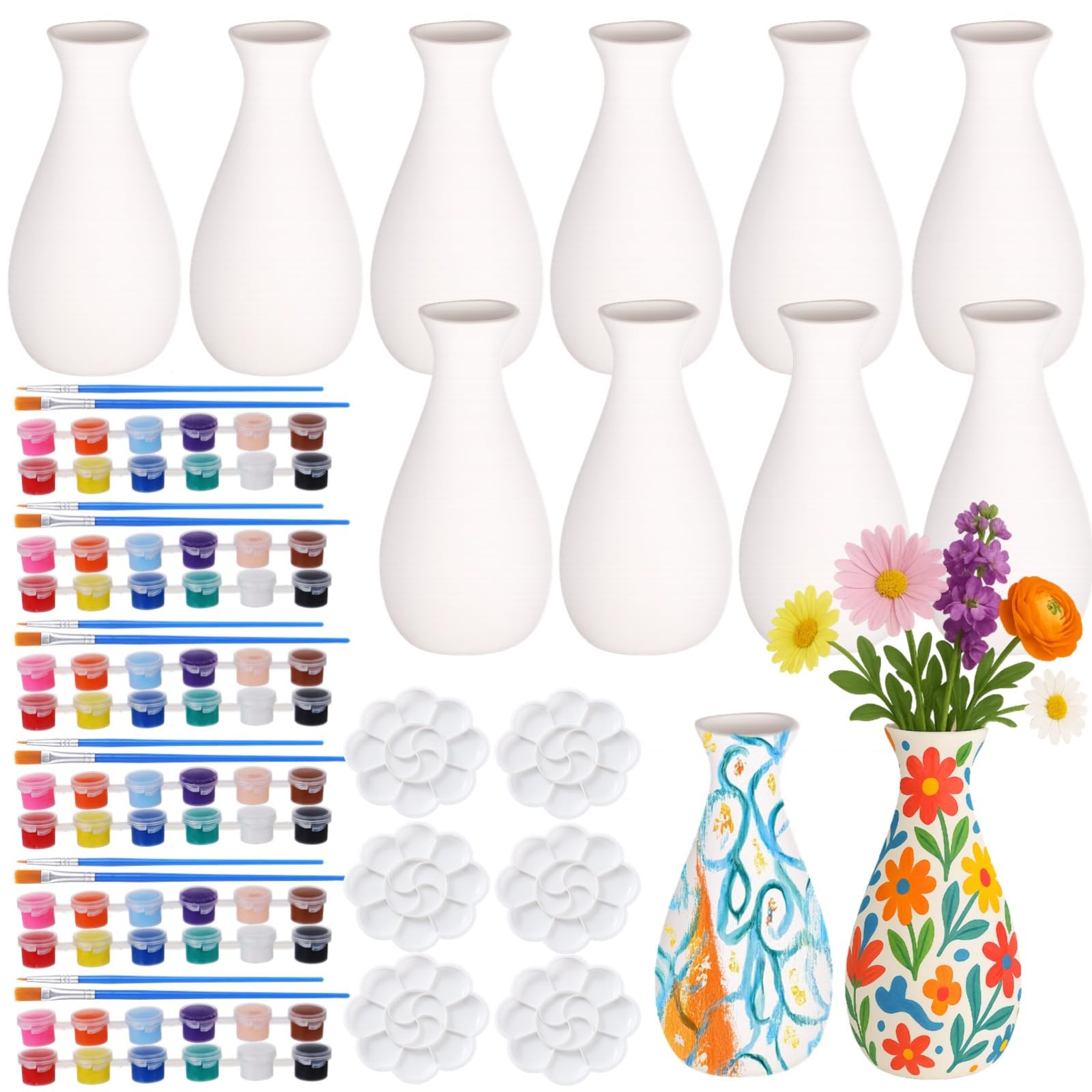 yeeplant Kit de jarrón de porcelana de 12 piezas, pinta tus propias macetas con 6 juegos de pinturas, paletas y pinceles para artes y manualidades
