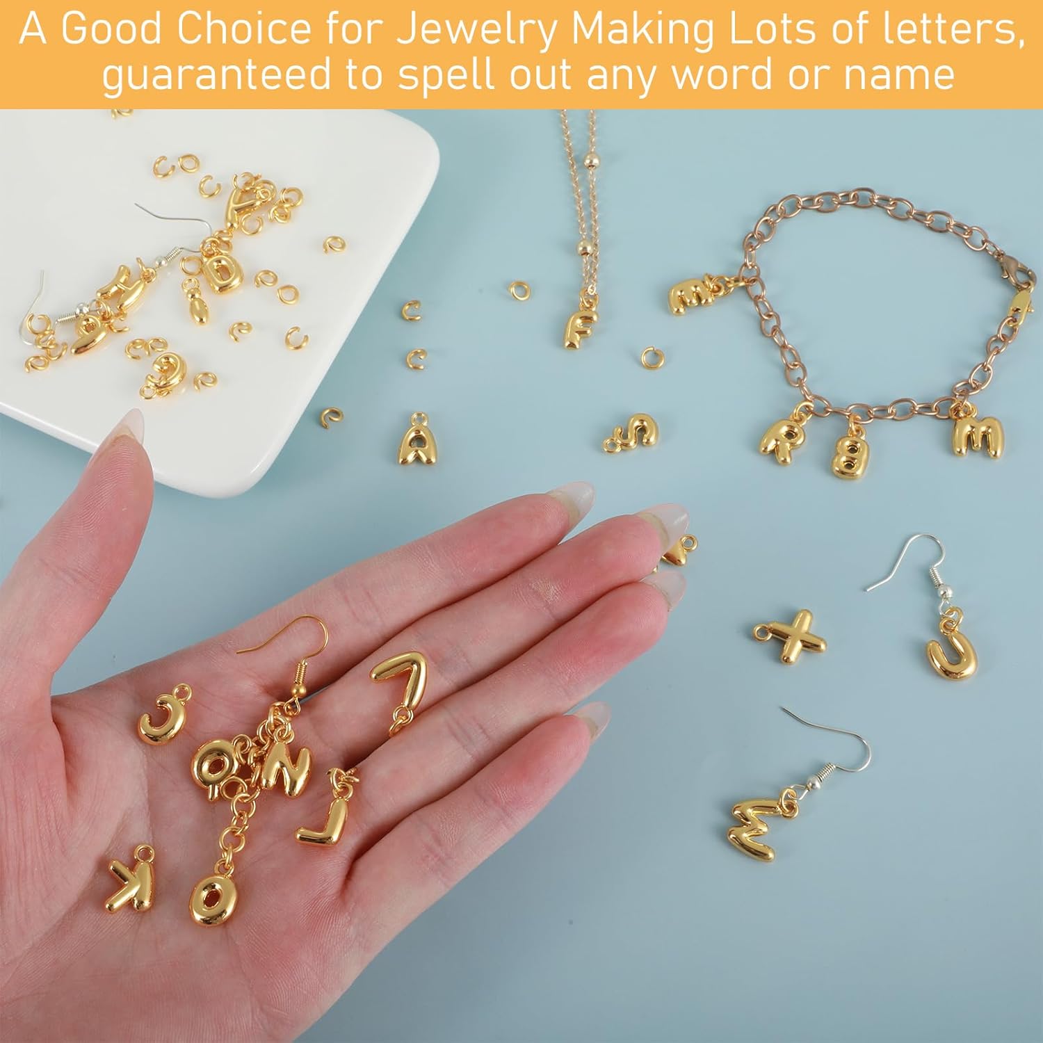 26 Pcs Letter Charms, A-Z Gold Letter Charms for Jewelry Making, Bubble Letters Beads Initial Alphabet Letters Charm Pendants Glitter Jewelry Making Charm for DIY Bracelet Necklace Earrings Crafts - Image 4