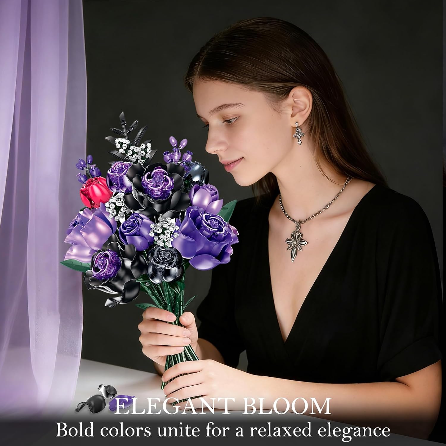 Purple Rose Bouquet Building Set, 16 Halloween Gothic Botanical Artificial Flowers Kit, 1172PCS Vintage Retro Collection for Adults 14+, Home Office Table Centerpiece Decor