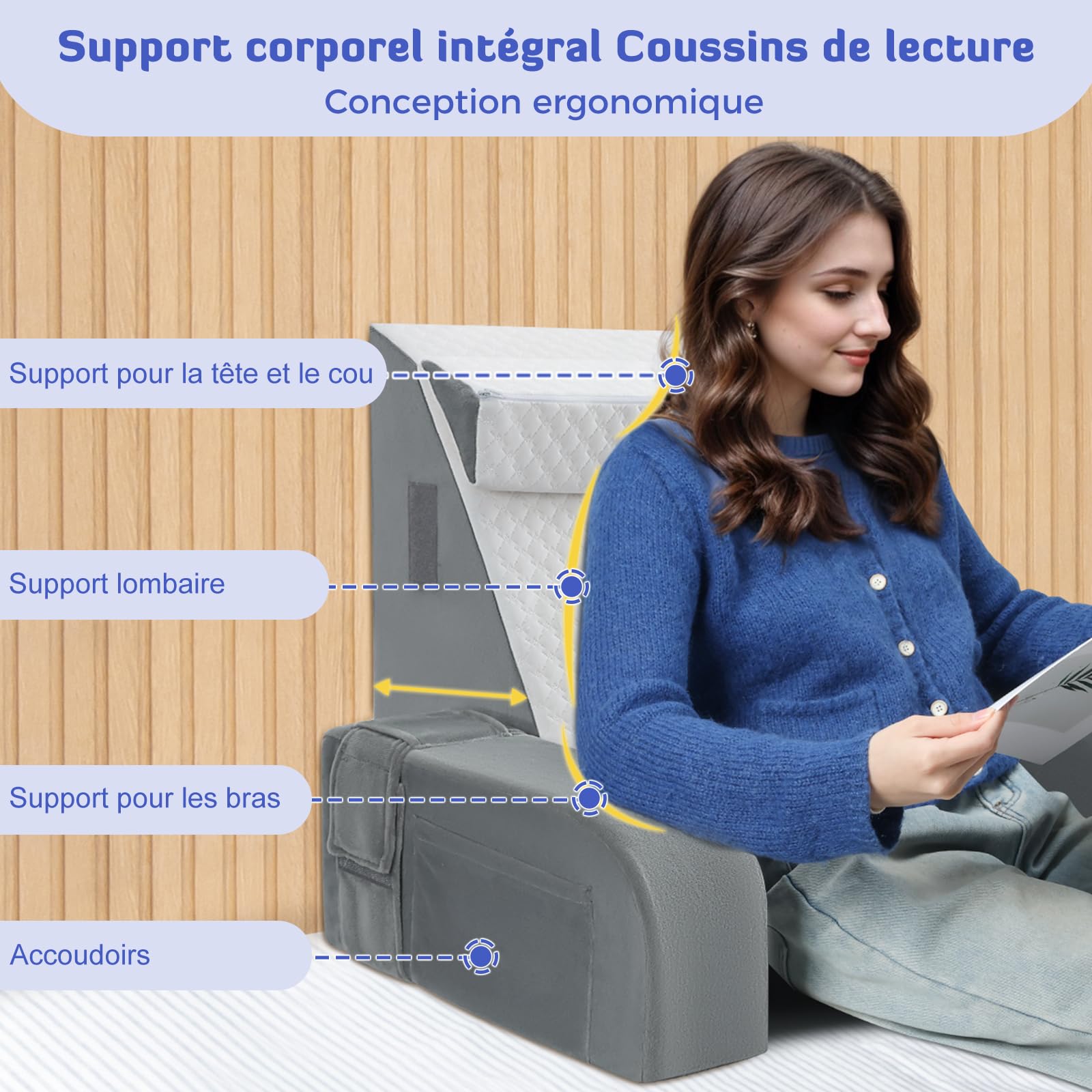 INFANZIA Coussin de Lecture Ergonomique - Coussin Support Dorsale avec Oreiller Cervical et Accoudoirs Amovibles, Oreiller de Dos pour Adulte pour se Détendre, Regarder la télé, Housse Lavable
