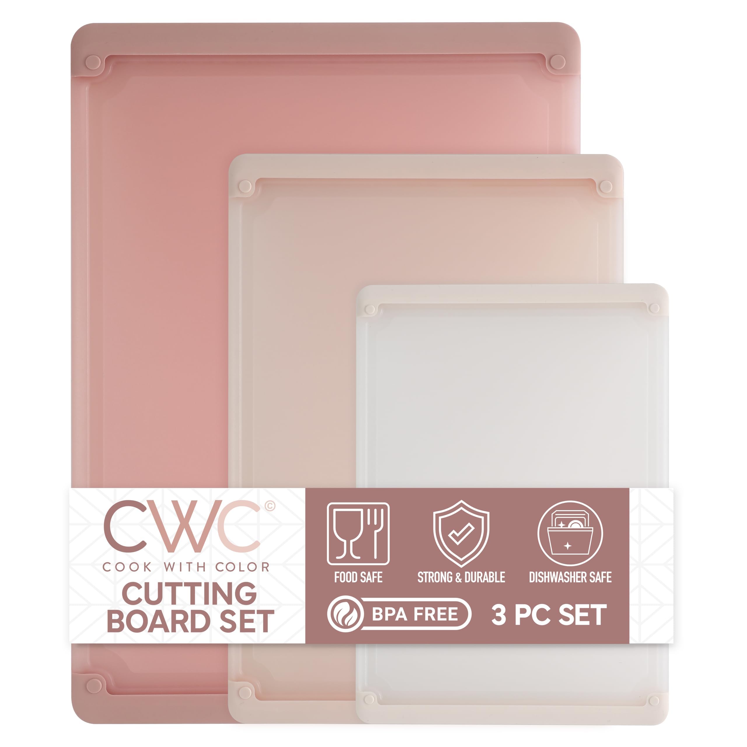 COOK WITH COLOR Extra Large Cutting Board Set, Jumbo-Sized Boards with Rubber Border for Enhanced Cooking Experience, 3-Piece, Pink