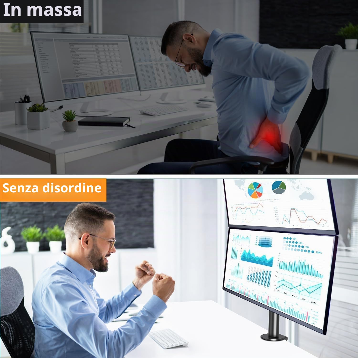 ELIVED Supporto verticale per 2 monitor, asta da 80 cm per monitor da 13-32 pollici fino a 8 kg Supporto doppio per monitor EV4012