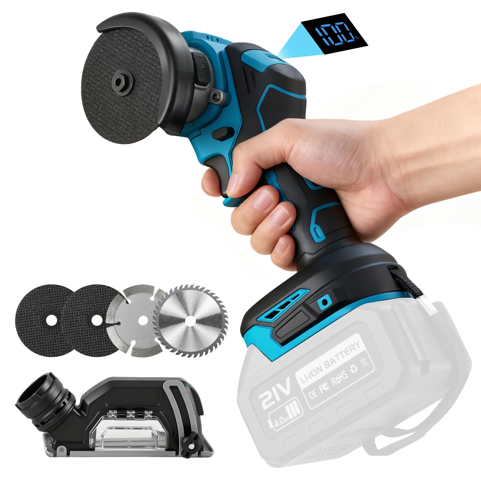 3 Zoll Akku Winkelschleifer kompatibel mit Makita 18V Akku (ohne Batterie) | 16800rpm, bürstenloser Mini-Winkelschleifer, mit Digitalanzeige, 2 Schleifscheiben, 2 Trennscheiben, Staubschutz, Handschuhe