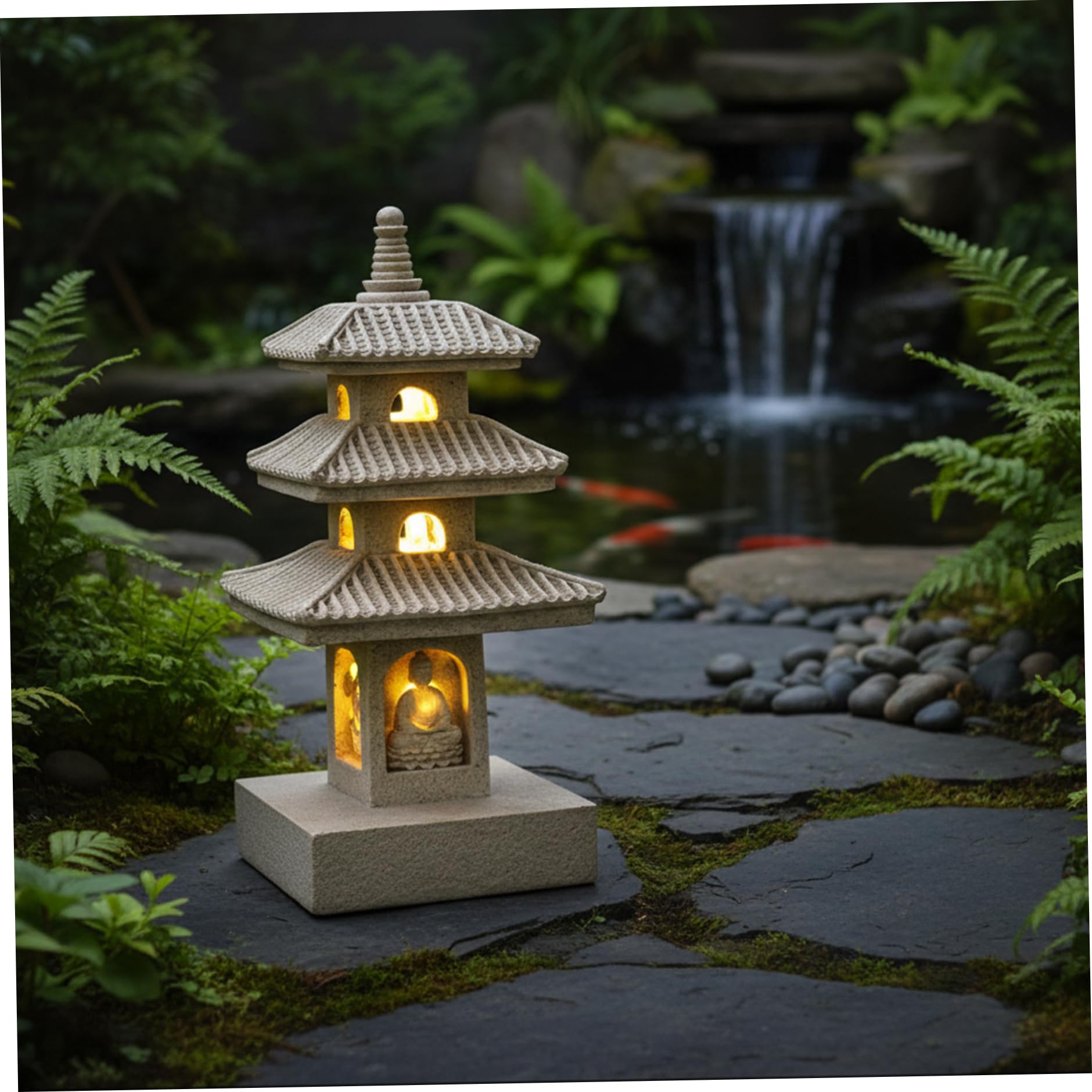 Faticenic Khaki Pagoda Garden Statue, 10 Inch Weatherproof Solar Garden Decor, Led Light Zen Japanese Lantern For Backyard Balcony Patio Lawn Yard, Décoration De Jardin