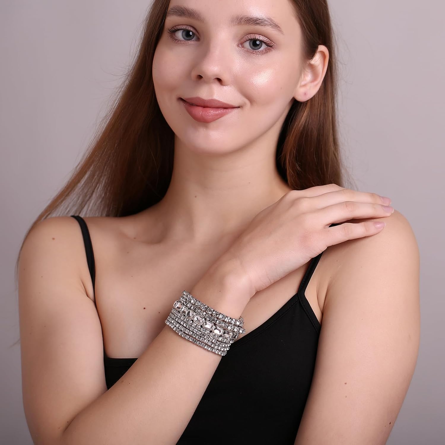 7 PCS Crystal Stretch Bracelets for Women, Bridal Wedding Stackable Layered Rhinestone Bracelets Set Evening Party Jewelry - Image 2